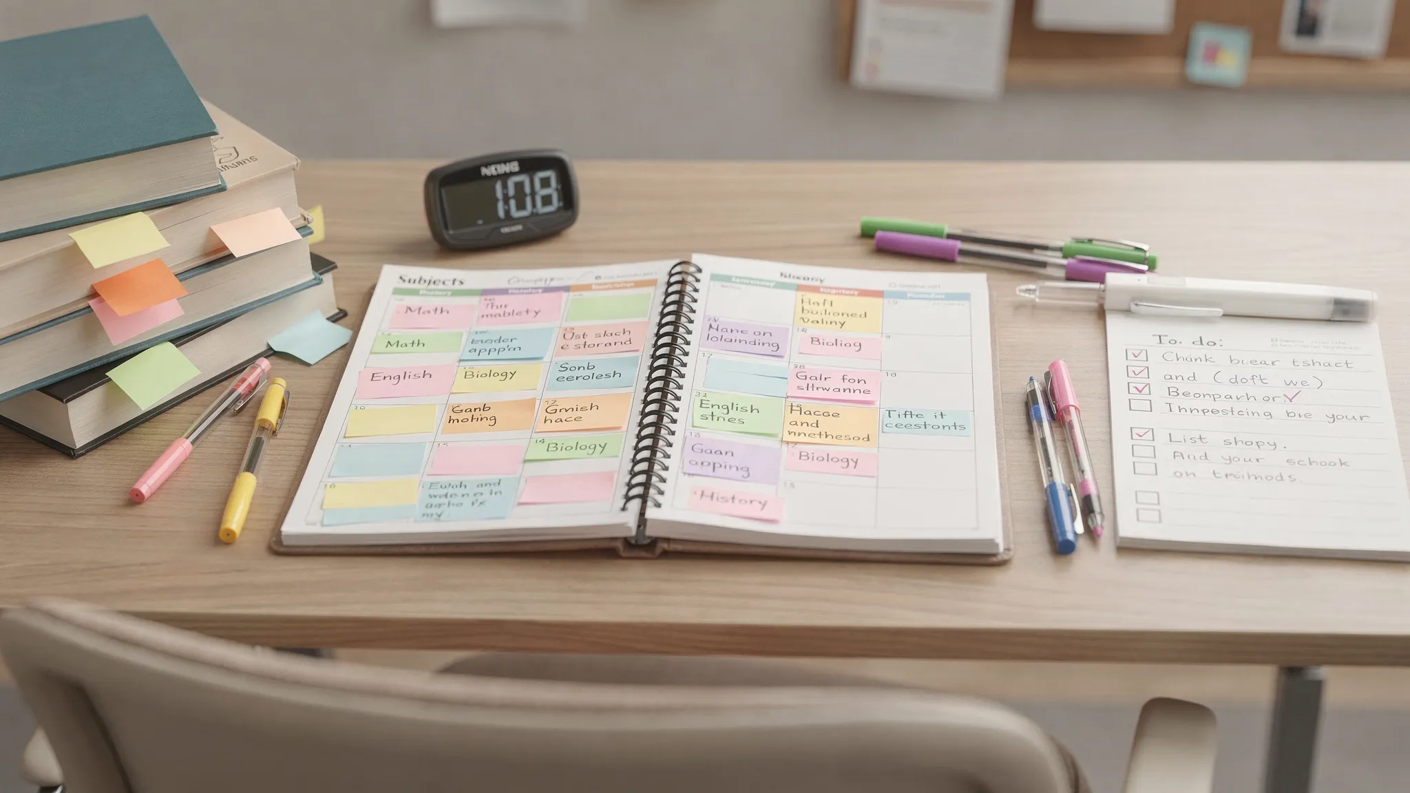 A high school student’s study desk with a weekly planner, color-coded subject blocks, a simple to-do list, a timer, and textbooks arranged by priority.
