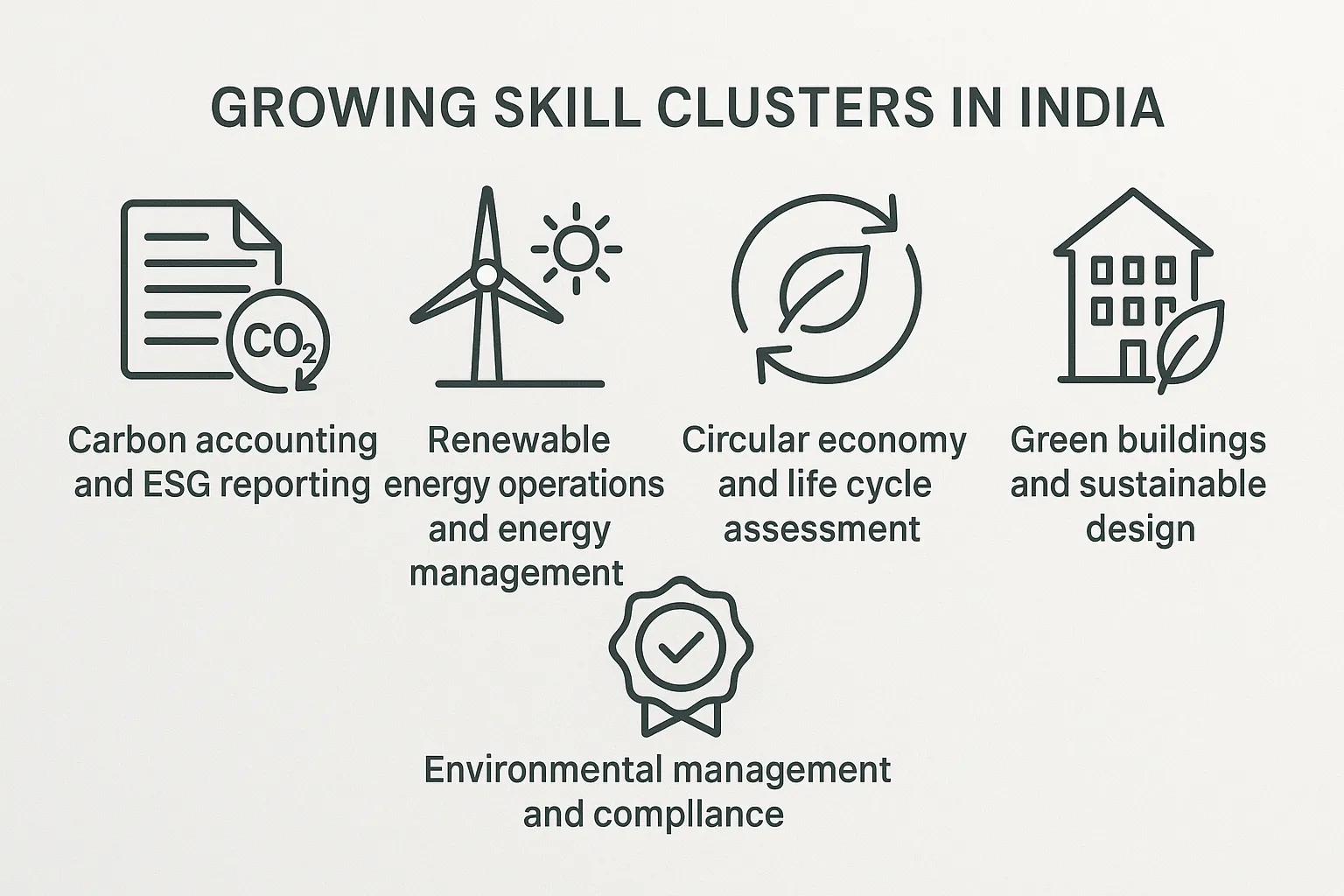 A clean, simple diagram showing five growing skill clusters in India: carbon accounting and ESG reporting, renewable energy operations and energy management, circular economy and life cycle assessment, environmental management and compliance, green buildings and sustainable design. Each cluster is represented by a minimal icon and a short label.