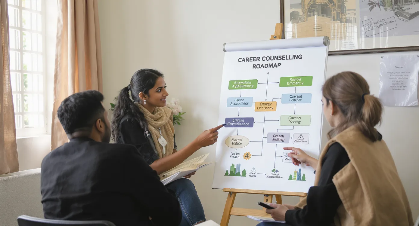 A career counselling session in Chennai, with a counsellor guiding a student and a mid-career professional through a roadmap poster that lists carbon accounting, energy efficiency, circularity, compliance, and green buildings. The setting shows local context with Chennai skyline illustrations.