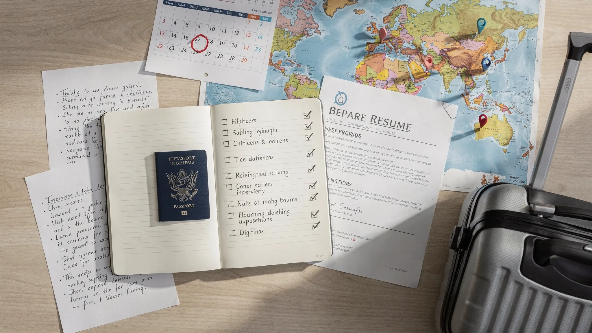 An illustrated checklist scene showing a passport, resume, interview notes, a world map with location pins, a suitcase, and a calendar, representing preparation steps for a first international job.