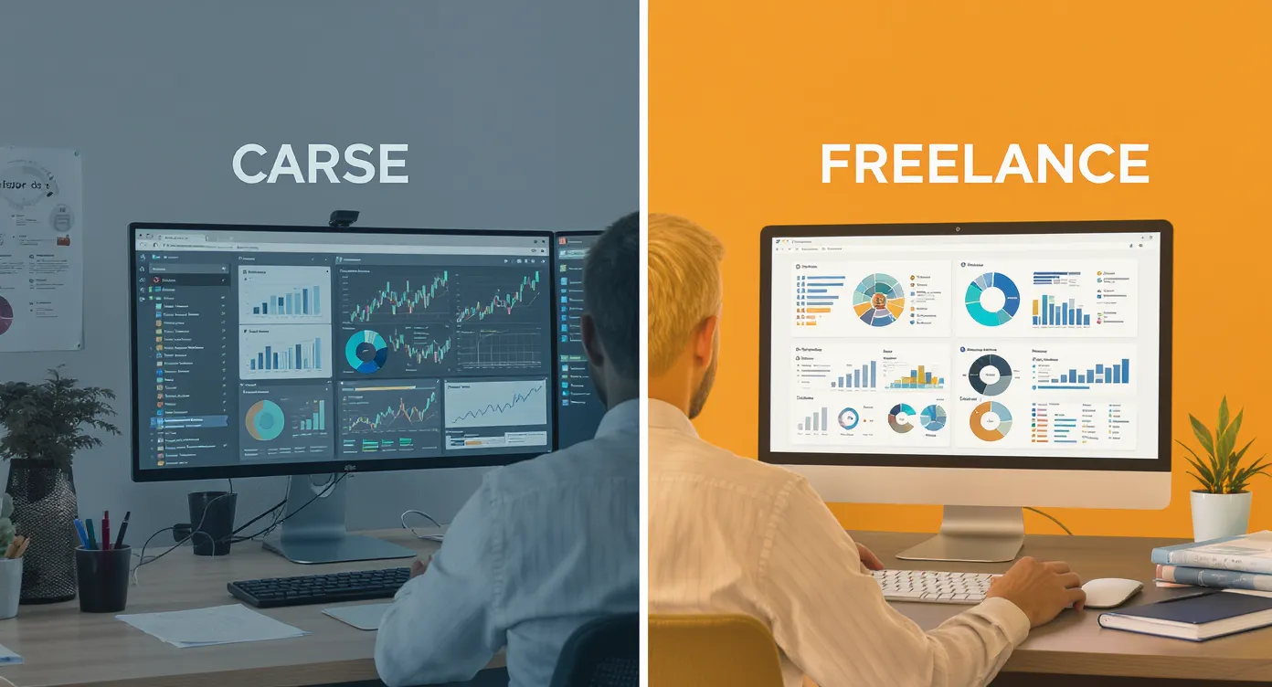 Illustration of a professional sitting at a desk with two screens—one showing office charts, the other displaying freelance design work, symbolising balanced dual careers.