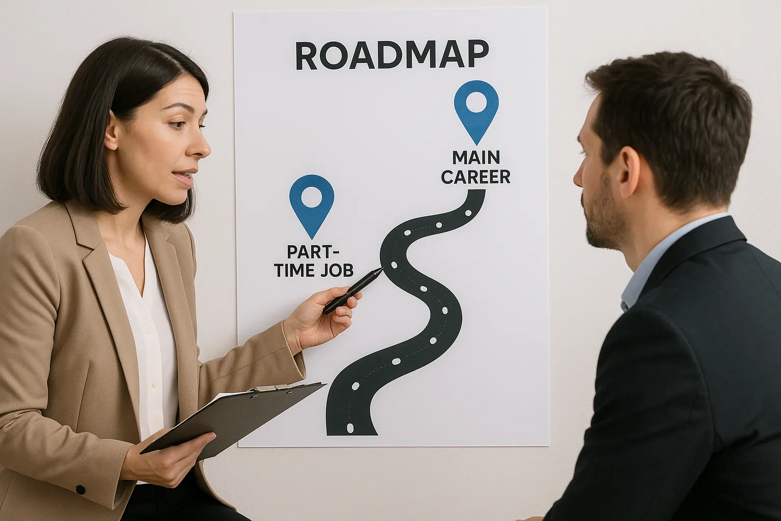 Graphic depicting a counsellor guiding a professional through a roadmap, with main career and part-time job milestones marked along a balanced path.