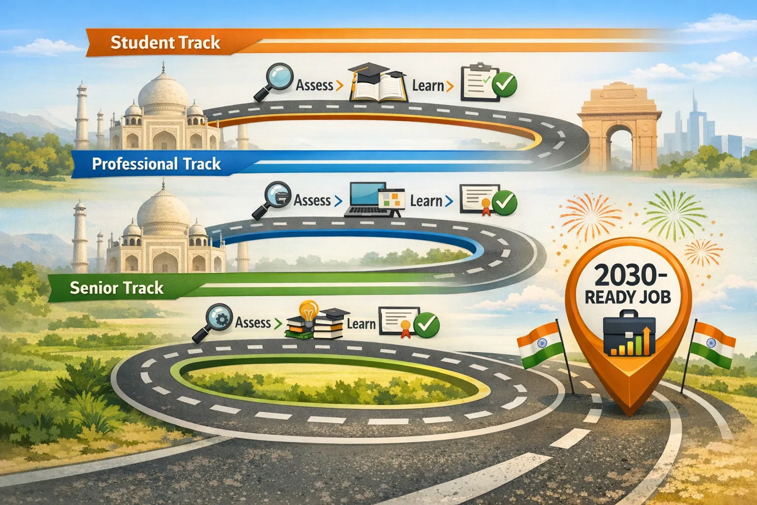 A simple roadmap visual showing three tracks labelled Student, Professional, Senior, each with three milestones, Assess, Learn, Prove, ending at a “2030‑ready job” marker, styled for Indian audience.