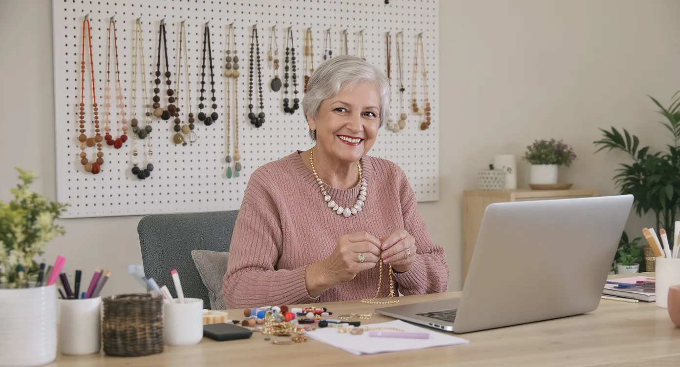 A smiling retired woman crafts beaded jewelry while seated at a tidy home workstation; finished necklaces hang neatly on a pegboard behind her, and a laptop with an open online shop dashboard sits to one side.