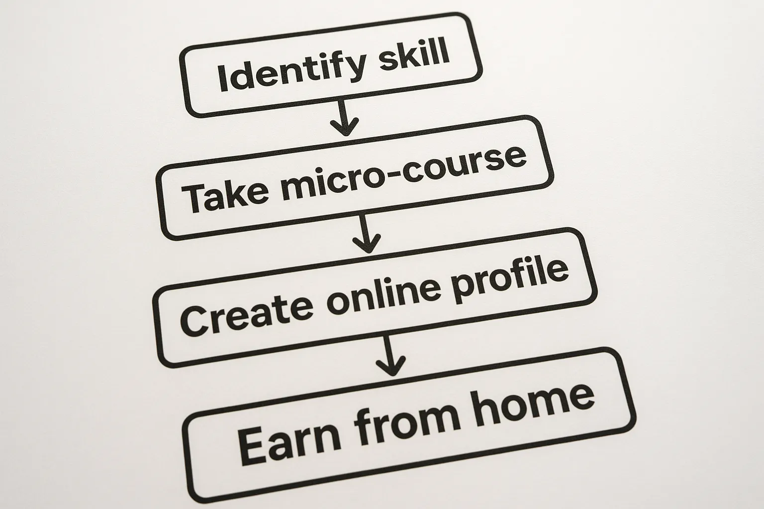 Simple flowchart showing: Identify skill ➜ Take micro-course ➜ Create online profile ➜ Earn from home.