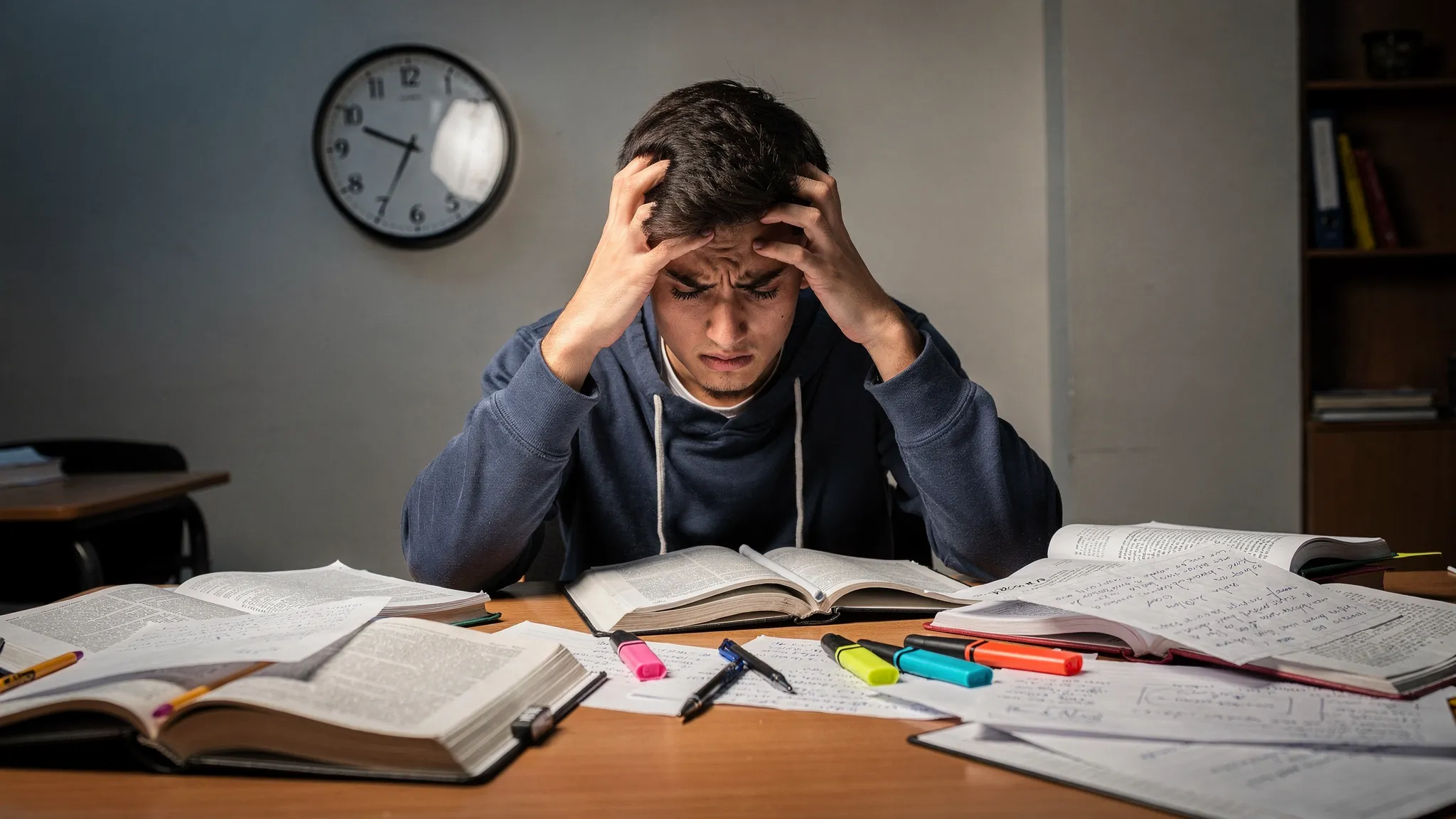 A student sitting at a desk with textbooks and a clock in the background, holding their head with both hands as if overwhelmed, showing typical pre-exam anxiety and stress.
