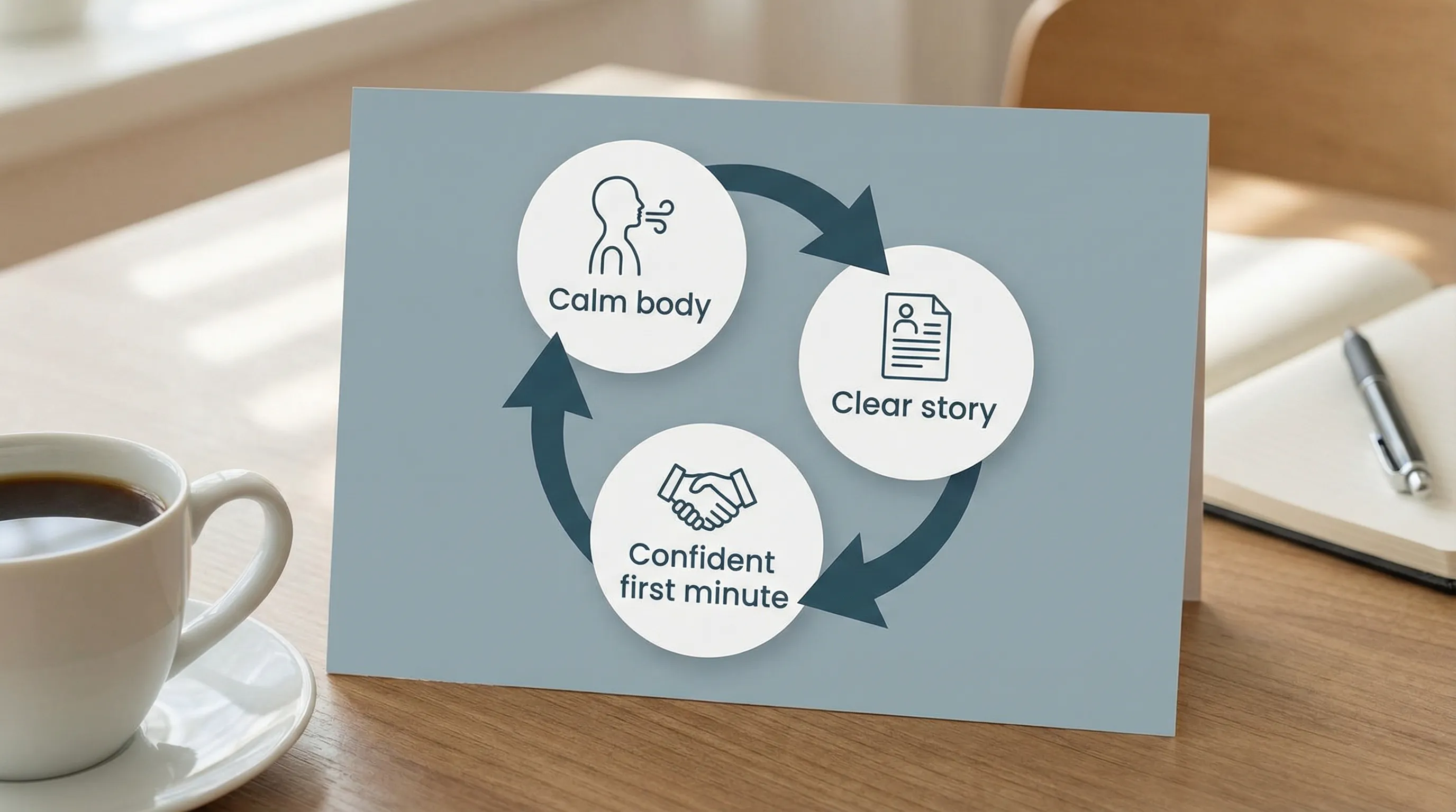A simple three-part visual showing “Calm body”, “Clear story”, and “Confident first minute” connected as an interview success loop, with small icons for breathing, a resume, and a handshake.