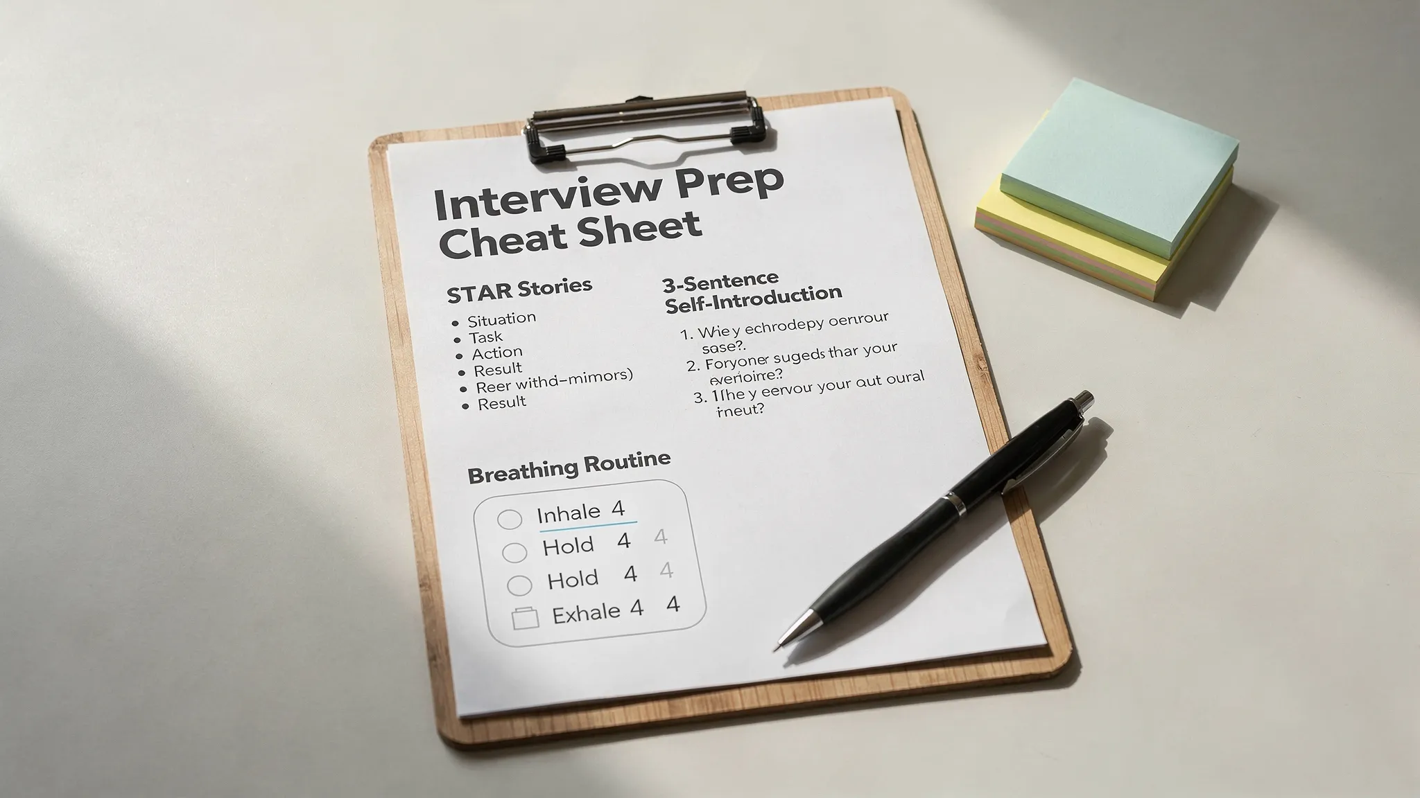 A simple one page interview prep cheat sheet on a clipboard, showing sections for STAR stories, a 3-sentence self-introduction, and a short breathing routine, with a pen and sticky notes nearby.