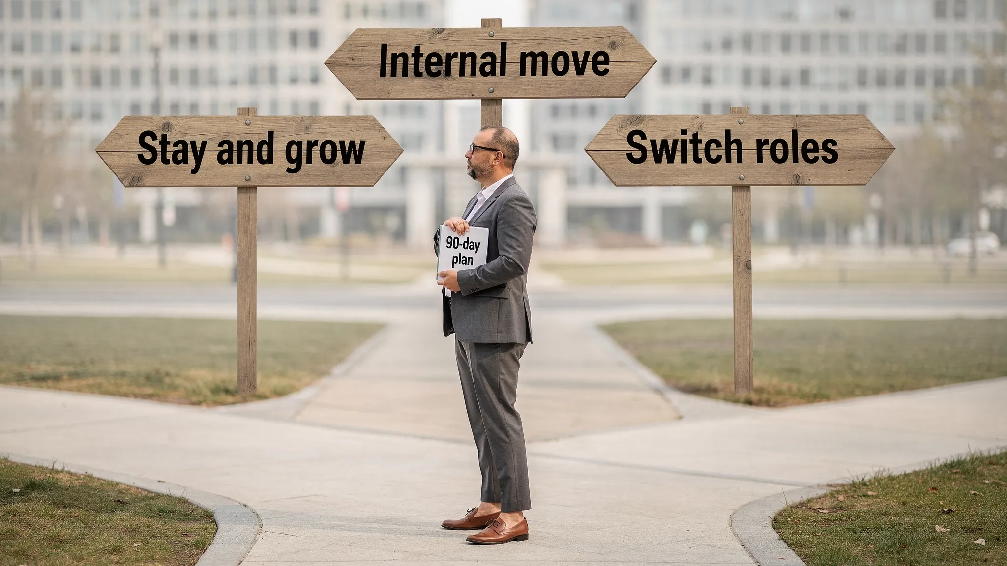 A professional standing at a crossroads with signboards labelled “Stay and grow”, “Internal move”, and “Switch roles”, holding a notebook titled “90-day plan”, symbolising a career plateau decision and action roadmap.