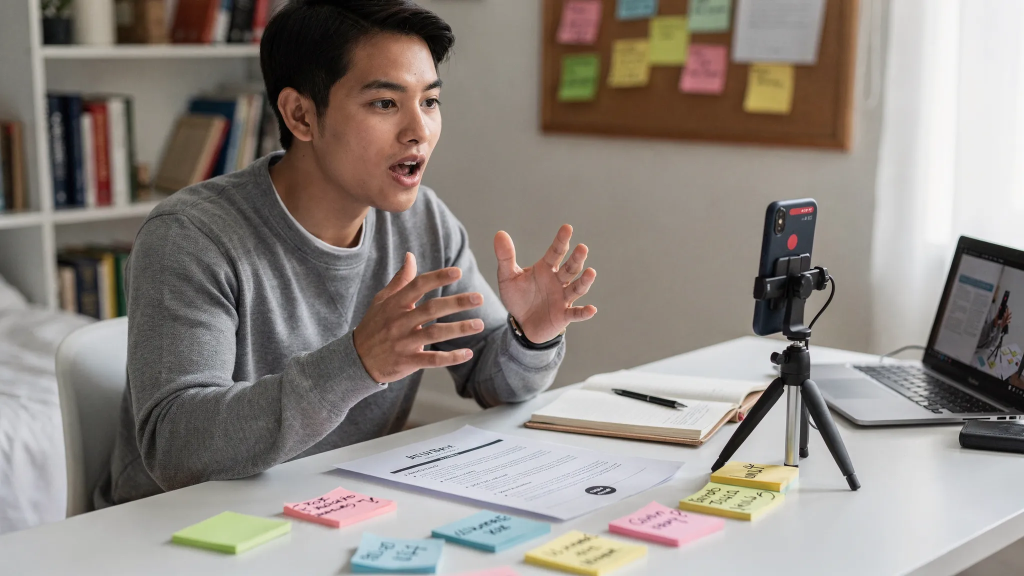 A college student seated at a desk, practising an interview answer aloud, with a printed resume, sticky notes for STAR stories, and a phone on a stand recording the practice.