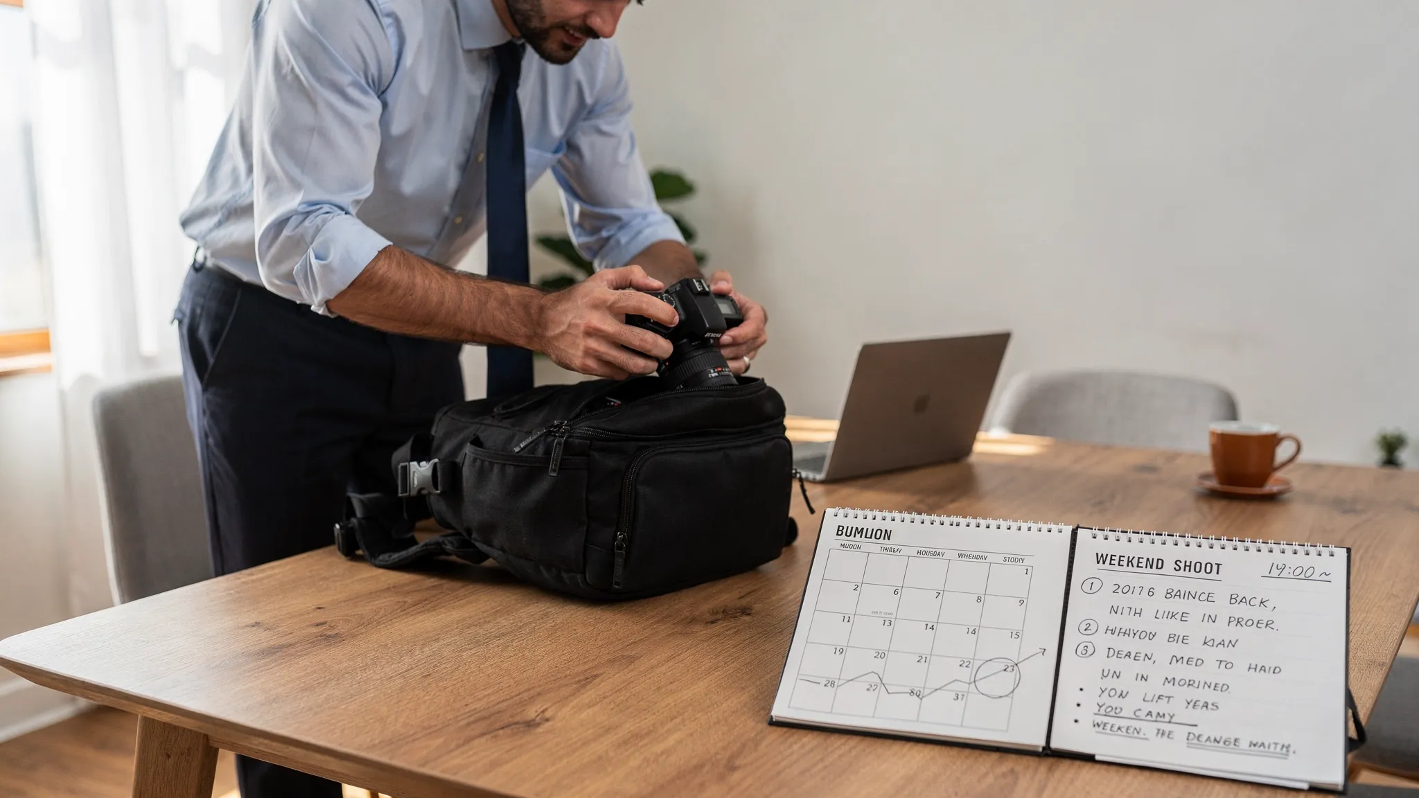 A banking professional in formal attire packing a camera and lens into a small backpack at home, with a neatly organised calendar and a notepad showing a weekend shoot plan on a nearby table.
