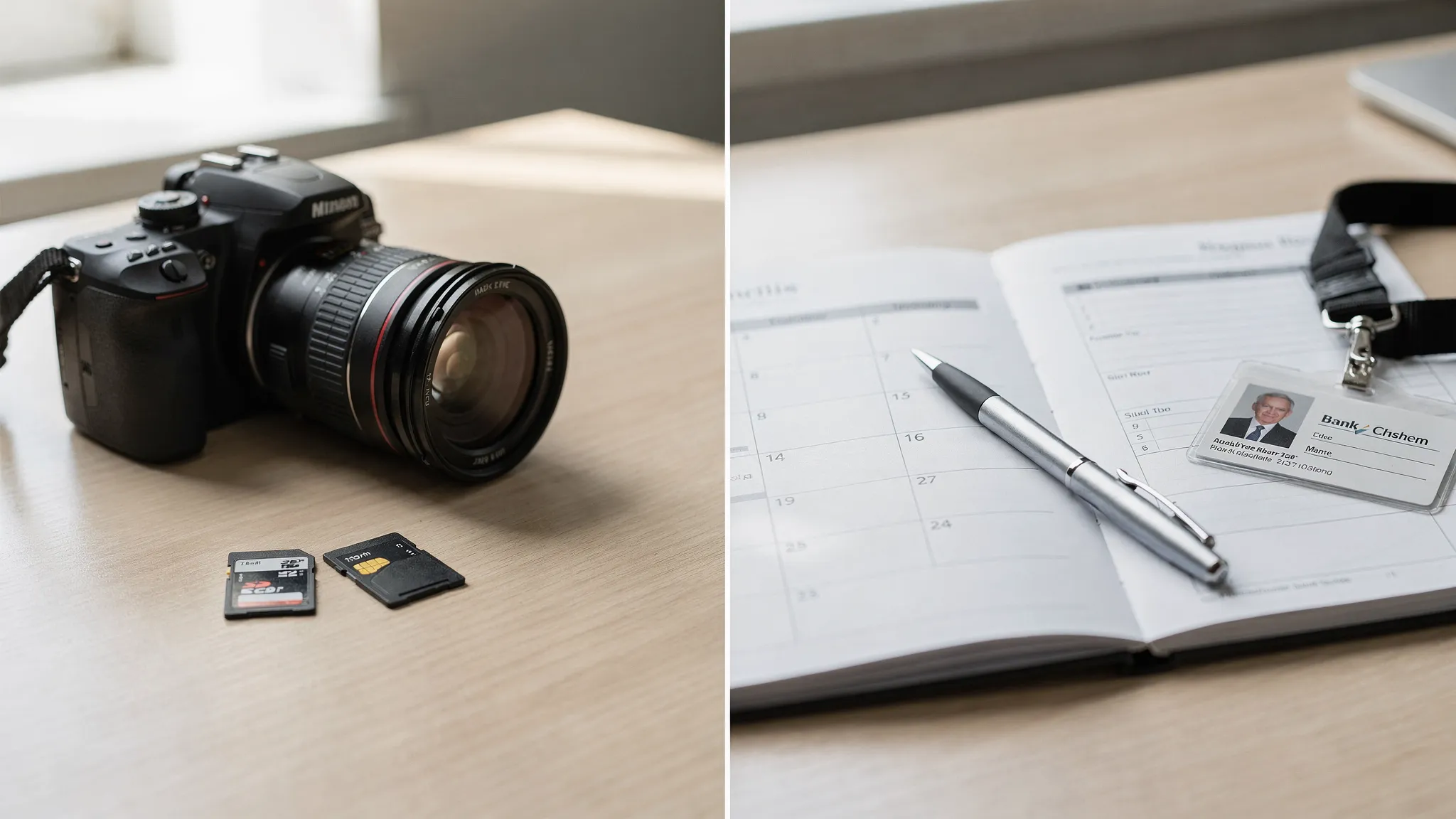 A simple split-screen style scene showing a camera, lens, and memory cards on one side and a formal work diary with a pen and ID card on the other, symbolising balancing photography with a banking career.
