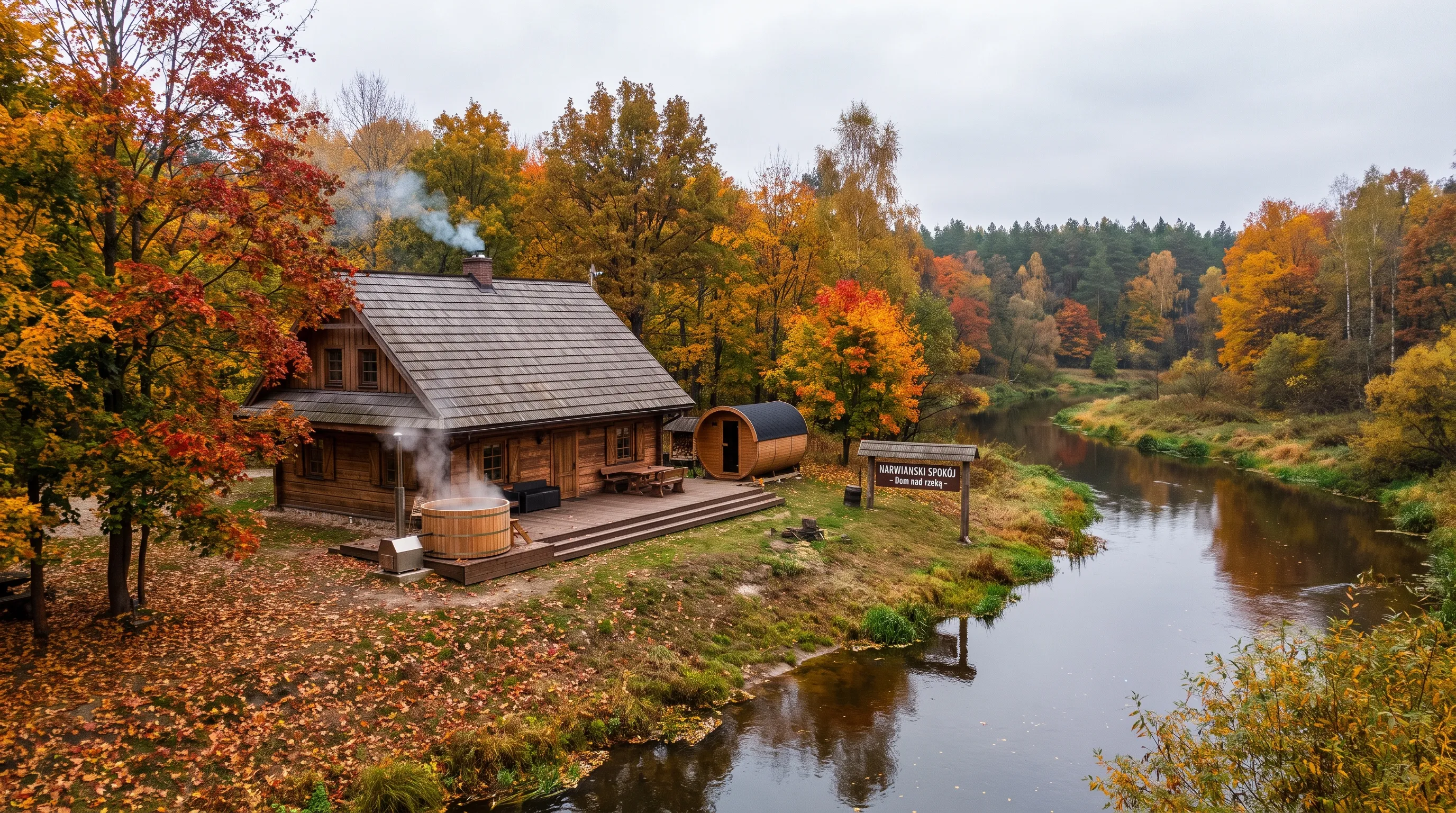 Jesienny domek nad Narwią z tarasem, sauną i gorącą banią stoi przy lesie.