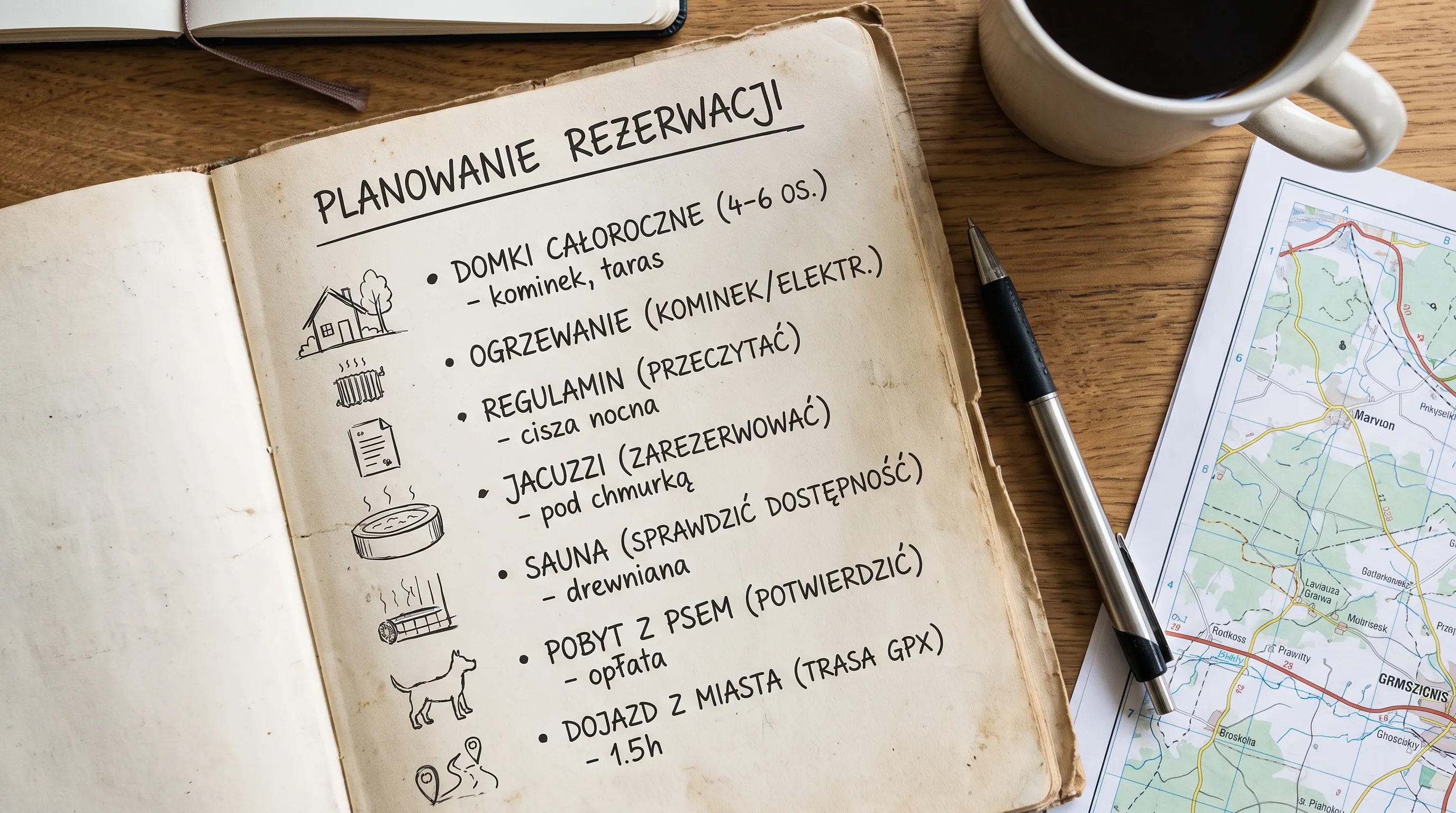 Notatki przy planowaniu rezerwacji pokazują domki całoroczne, ogrzewanie, regulamin, jacuzzi, saunę, pobyt z psem i dojazd z miasta.