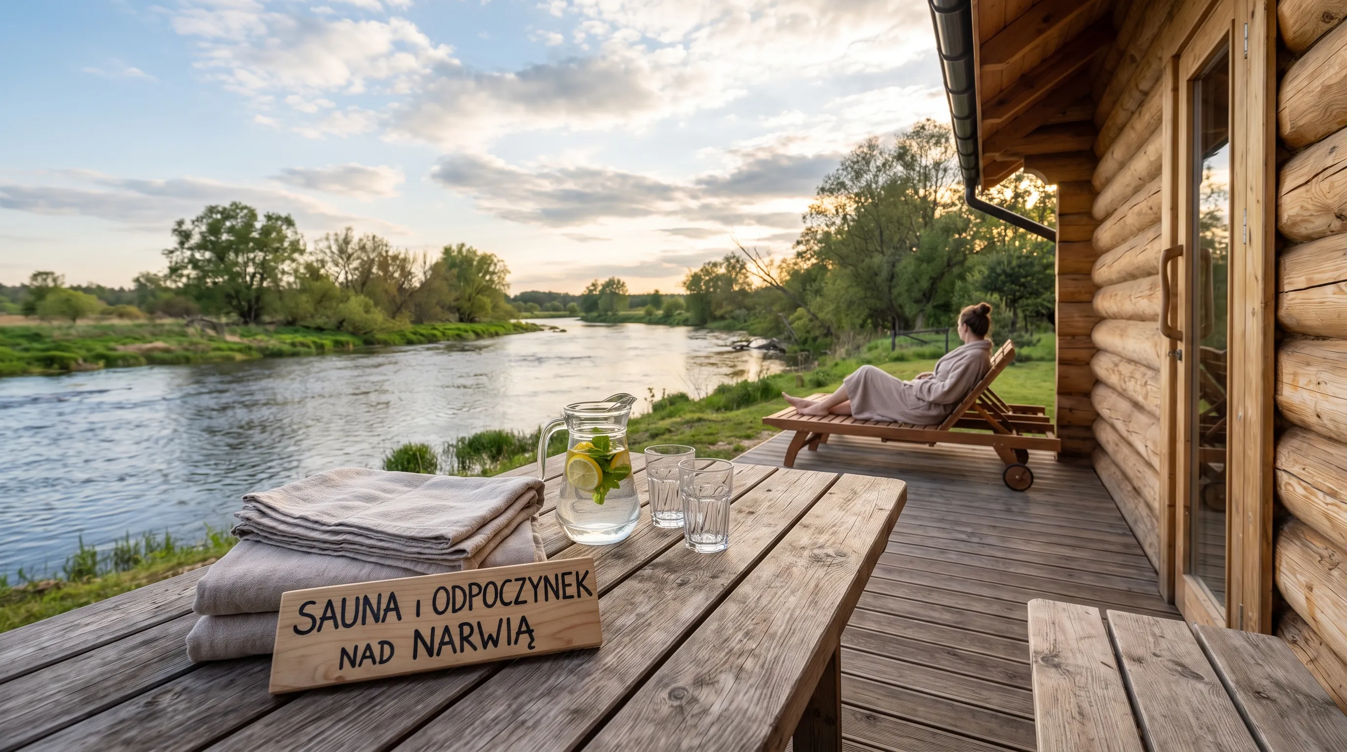 Taras przy saunie z ręcznikami i dzbankiem wody pokazuje spokojny odpoczynek po aktywnym dniu nad Narwią.