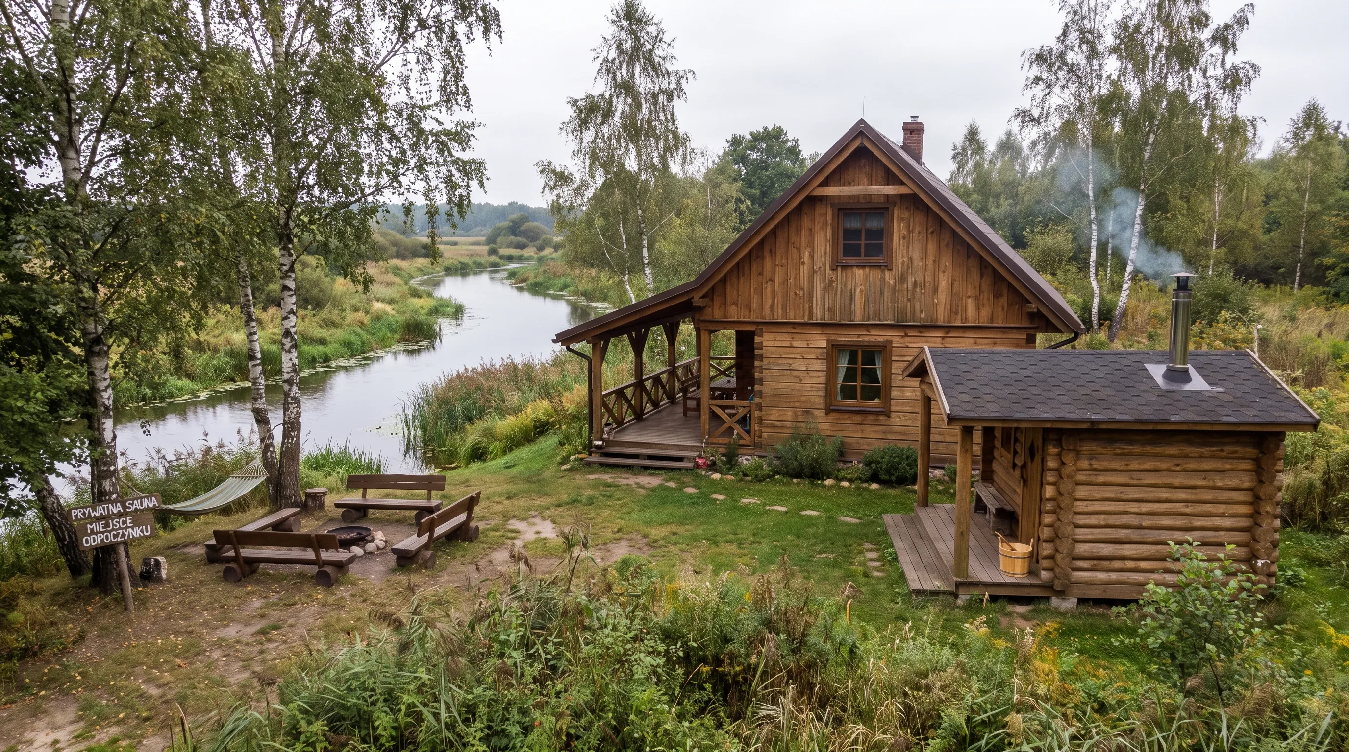 Drewniany domek nad Narwią z tarasem, obok prywatna sauna i miejsce do odpoczynku po spacerze.