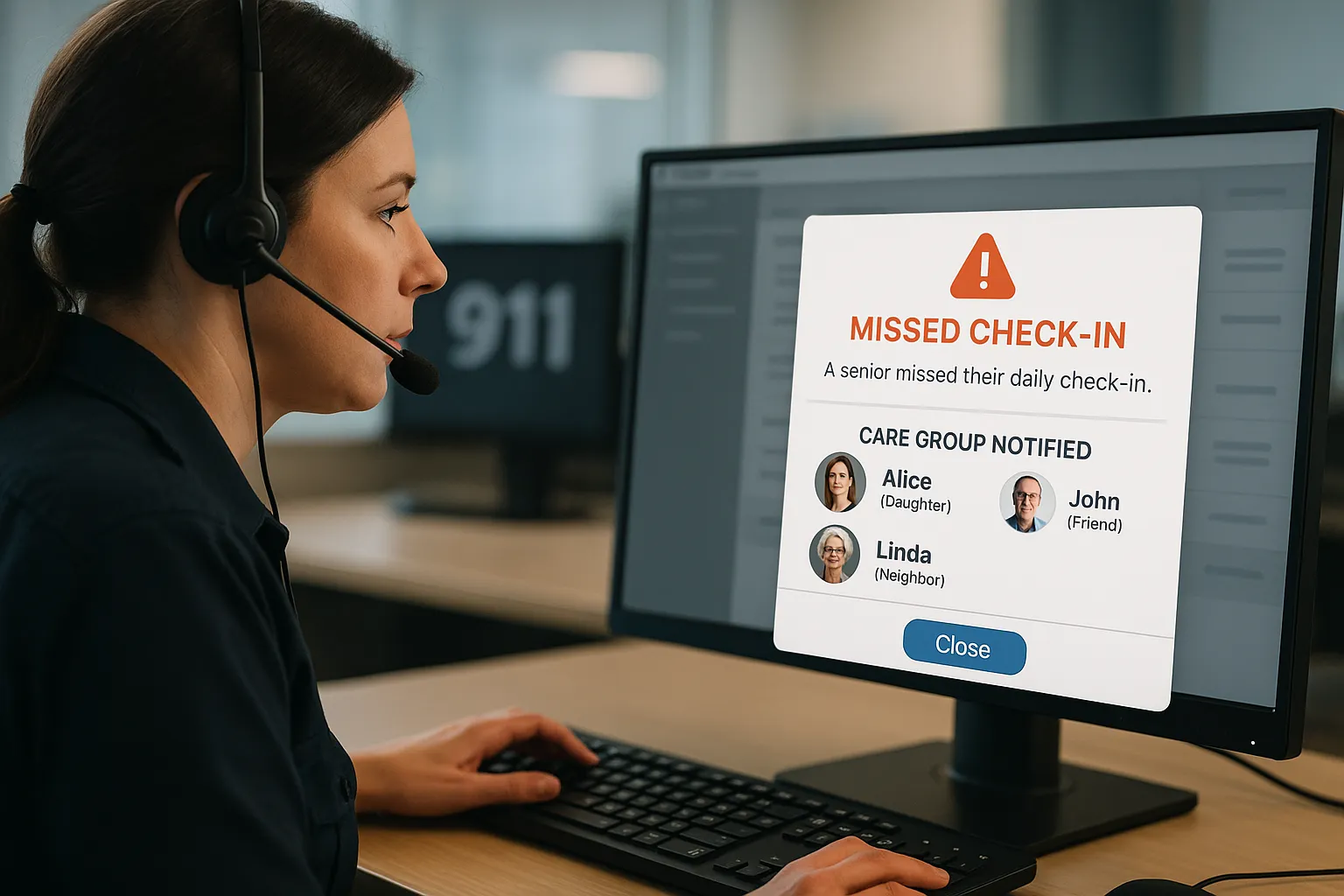 A 911 dispatcher monitors an on-screen alert that a senior missed their daily check-in; a pop-up shows the care group members already notified, illustrating an automated escalation workflow.
