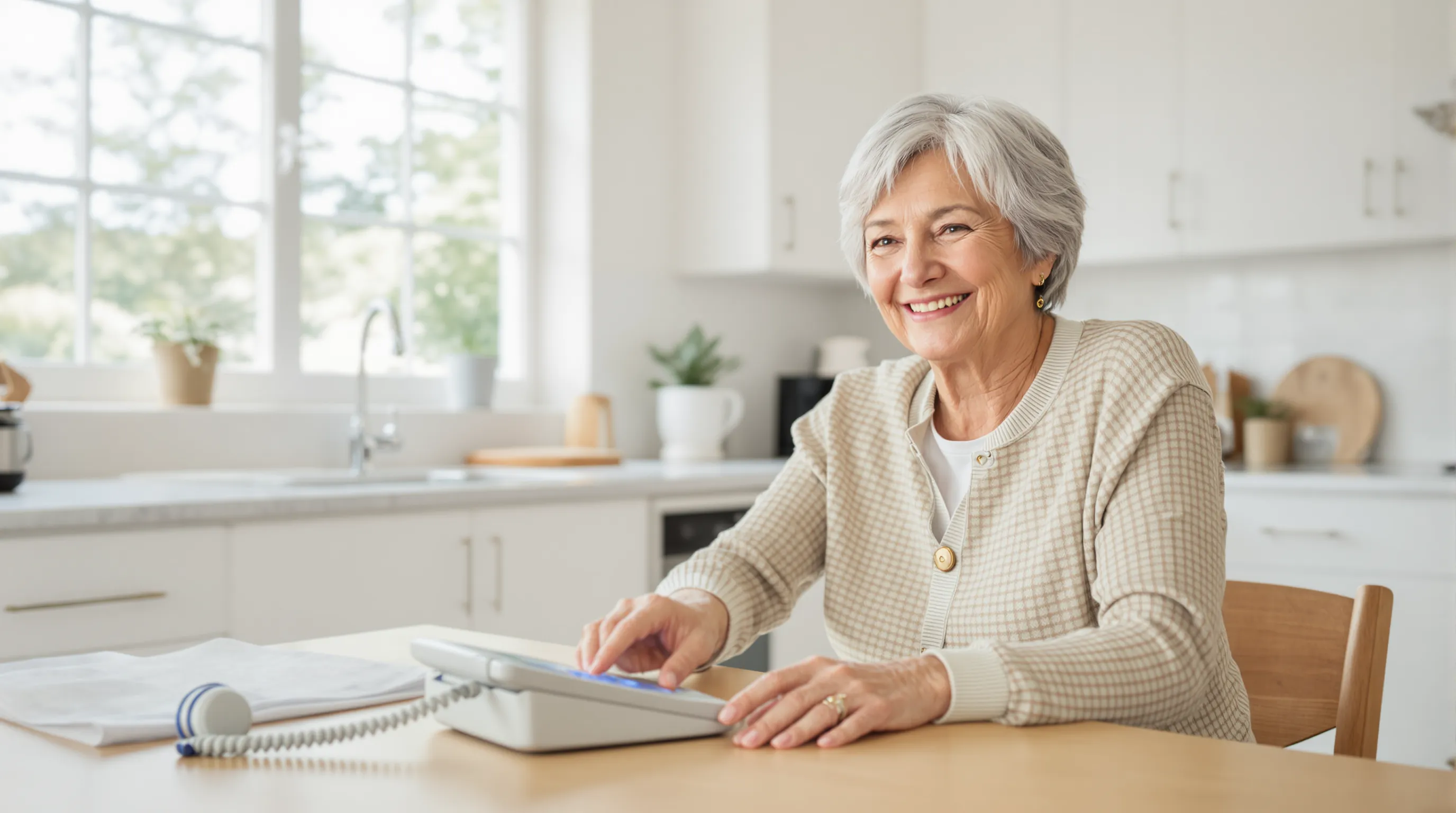 An older woman smiles while pressing a single key on a cordless phone as a cheerful sunlit kitchen background symbolizes independence and safety.