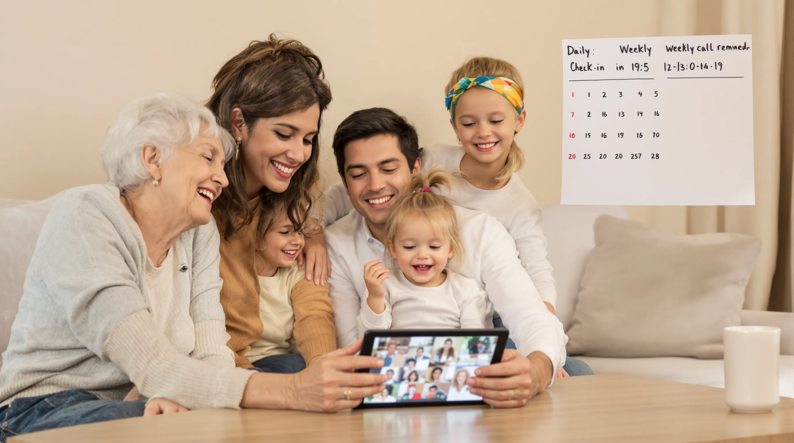 A multigenerational family video chatting on a tablet while a calendar on the wall shows daily check-in times and a separate weekly call reminder.
