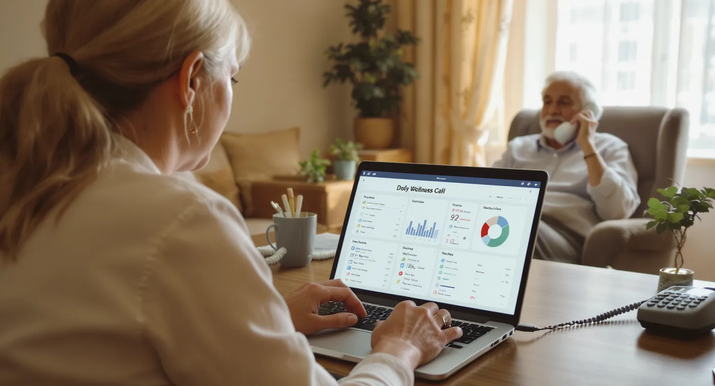 A community outreach coordinator reviews a dashboard showing daily wellness call results on a laptop while a senior citizen answers a check-in call on a landline phone in a cozy living room.