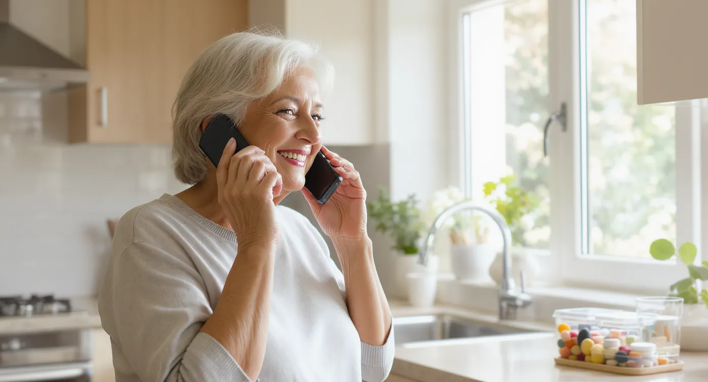 An older adult in a sunlit kitchen holding a cordless phone to her ear and smiling, while a pill organizer and glass of water sit on the countertop, illustrating a successful wellness check call after hospital discharge.