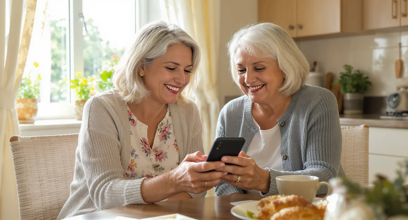 An adult daughter shares coffee with her senior mother at a kitchen table, both smiling while looking at a smartphone demonstrating an automated daily check-in call; morning light streams through the window, emphasizing a supportive, warm family moment.