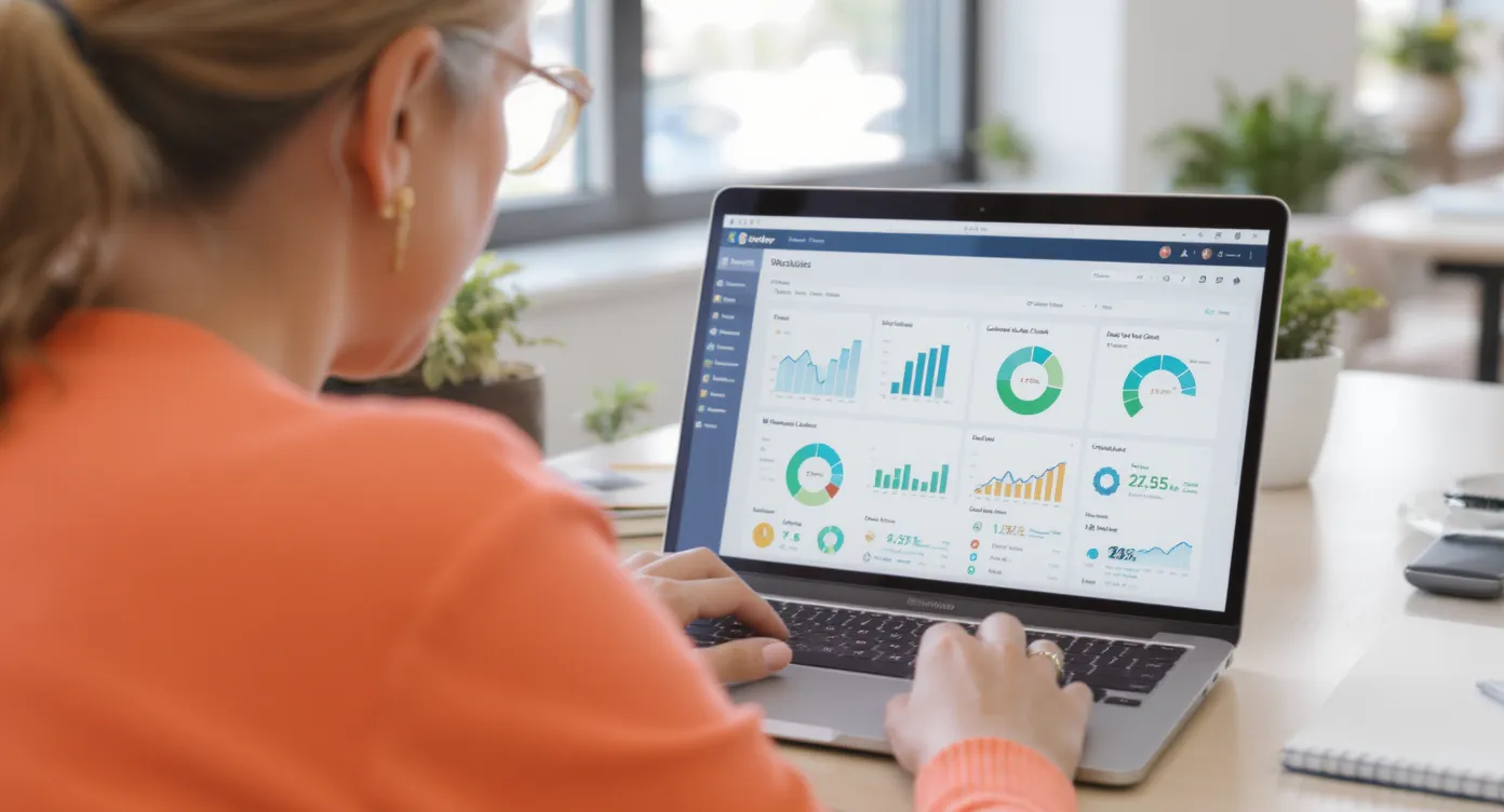 A community center coordinator reviews a dashboard displaying aggregated wellness check data for seniors, with colorful charts indicating successful check-ins and alerts, viewed on a laptop in a bright office space.