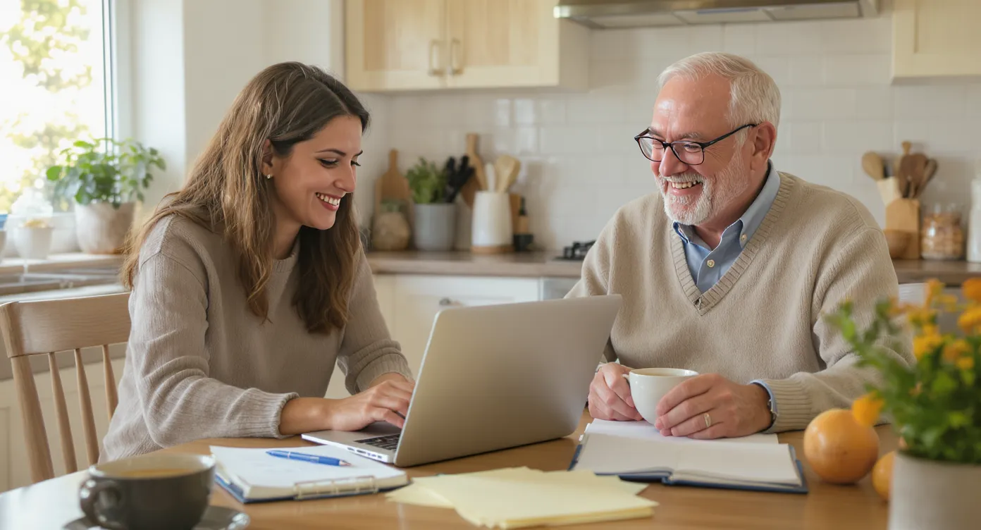 An adult daughter sits at a kitchen table with a laptop, organizing caregiver notes, while her senior father smiles nearby holding a cup of tea. The scene conveys collaboration and reassurance during the setup of a wellness check routine.