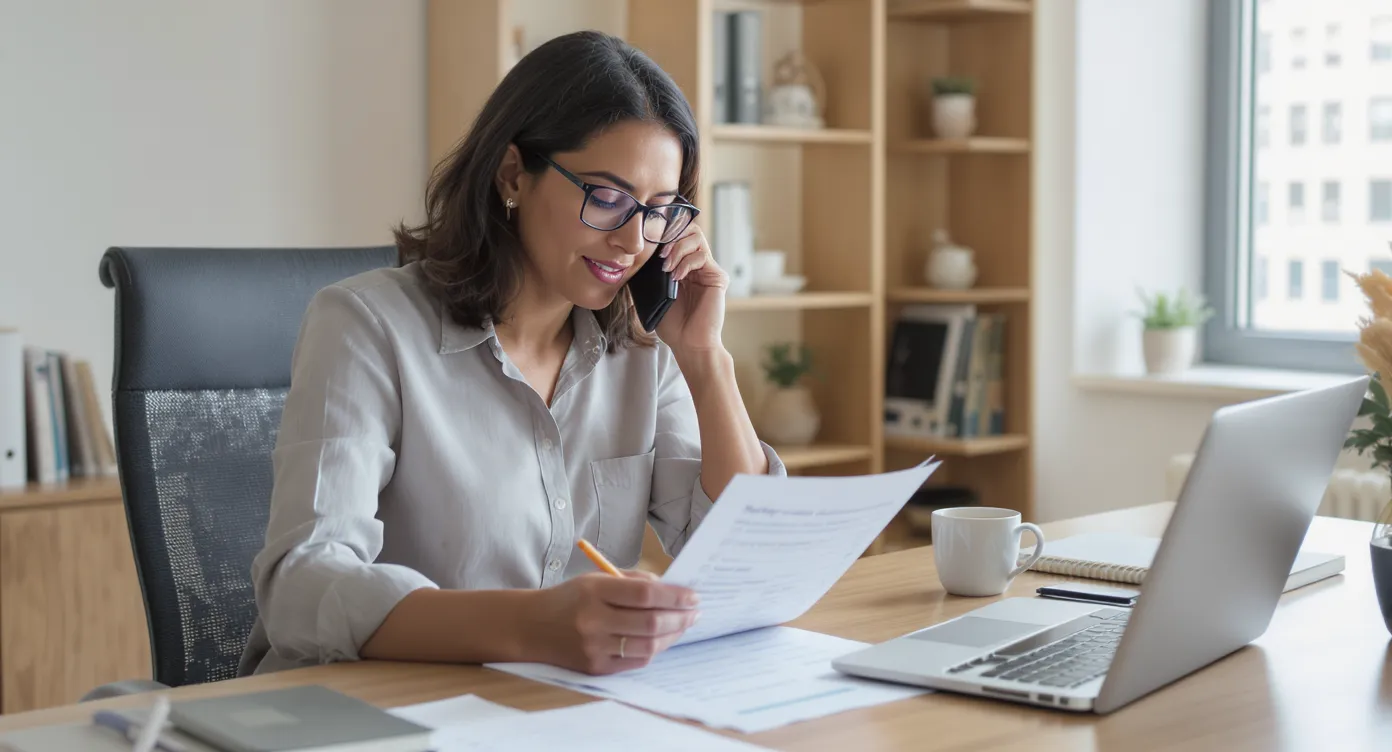 A social worker sits at a desk checking off items on a printed referral checklist while speaking on a phone; paperwork, a laptop, and a mug are arranged neatly nearby, conveying an organized case management environment.