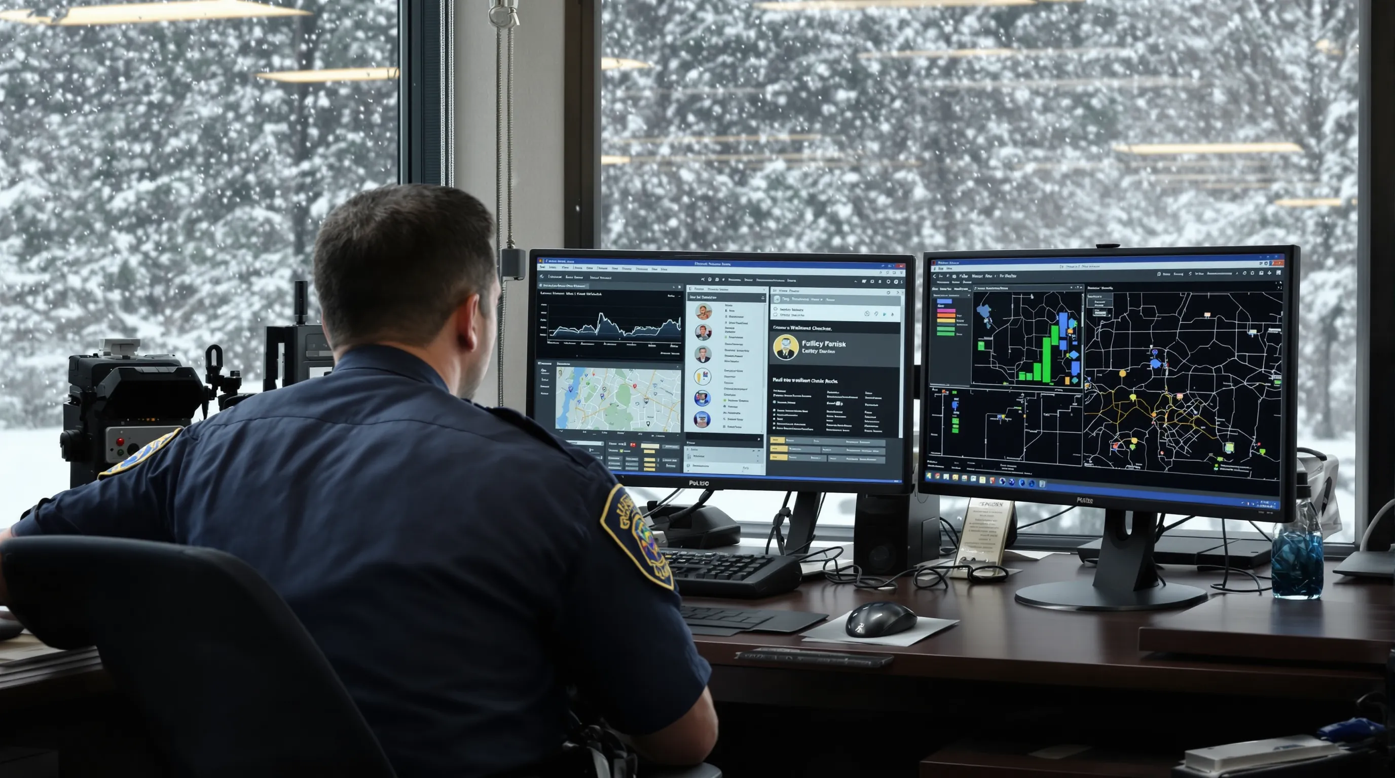 Uniformed patrol officer reviews a digital dashboard displaying real-time wellness check statuses, while snow falls outside the precinct window.