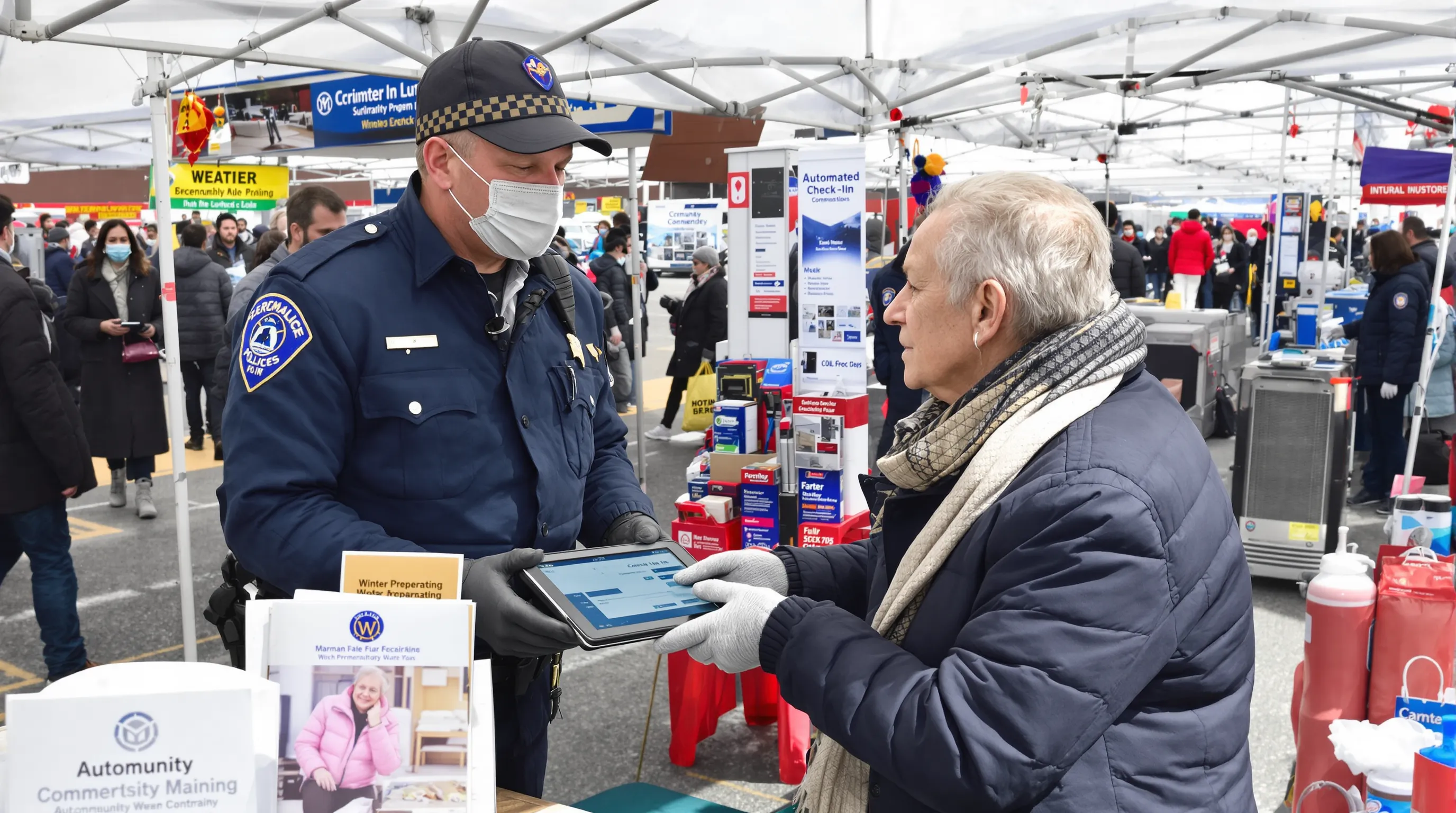 Community officer assists an elderly resident in signing up for the automated check-in program at a winter preparedness fair.