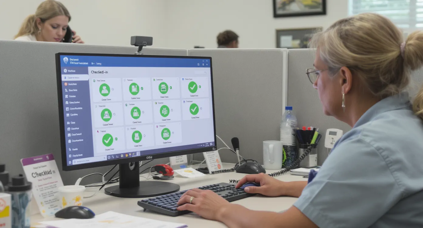 A caregiver in a county call center monitors a web dashboard showing green "Checked-in" indicators for seniors, while a colleague places a phone call in the background.
