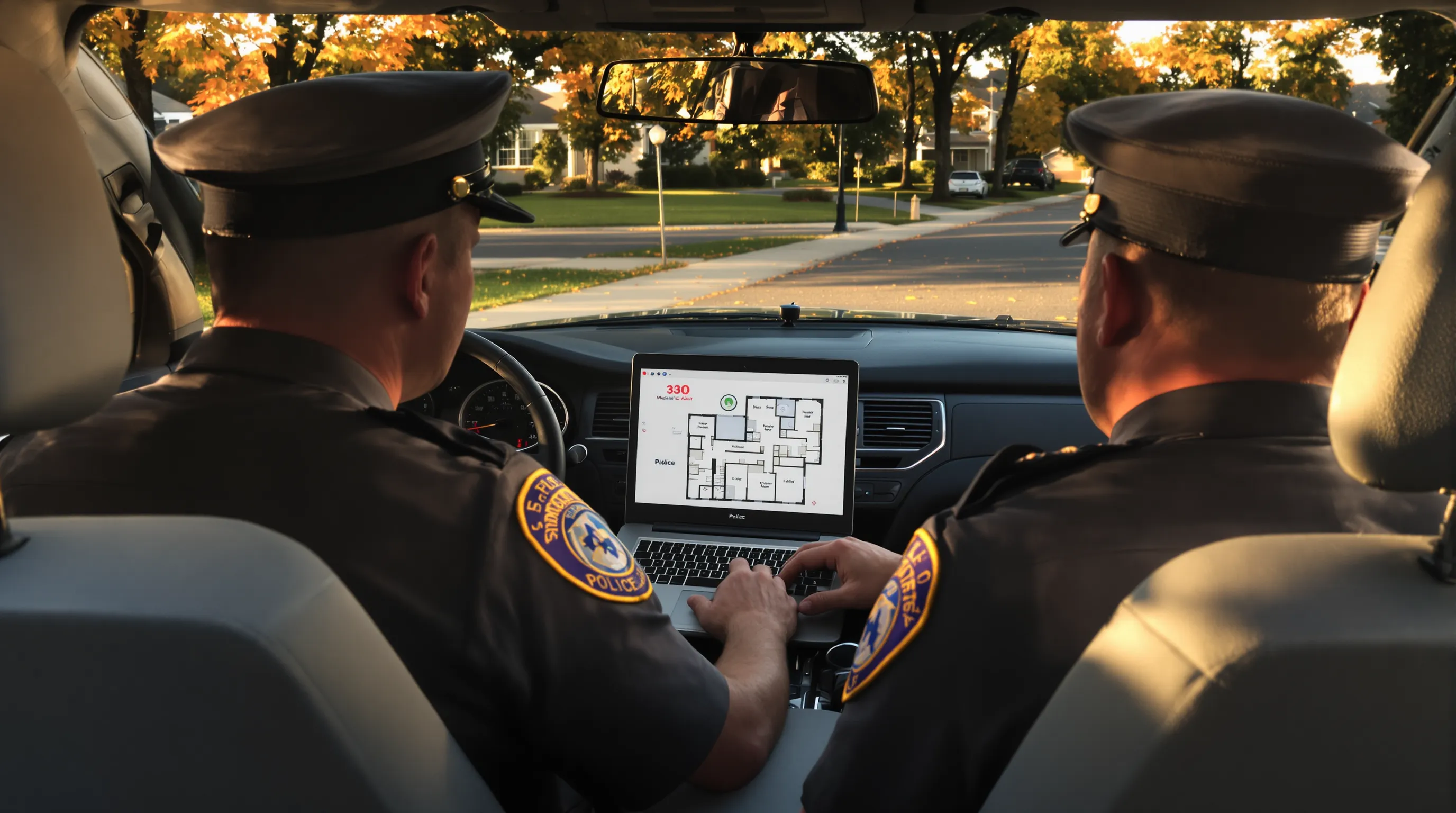 Two uniformed officers reviewing a digital floor plan on a patrol-car laptop while parked outside a suburban home. Autumn leaves scatter the driveway, and a medical alert bracelet graphic overlays the screen.