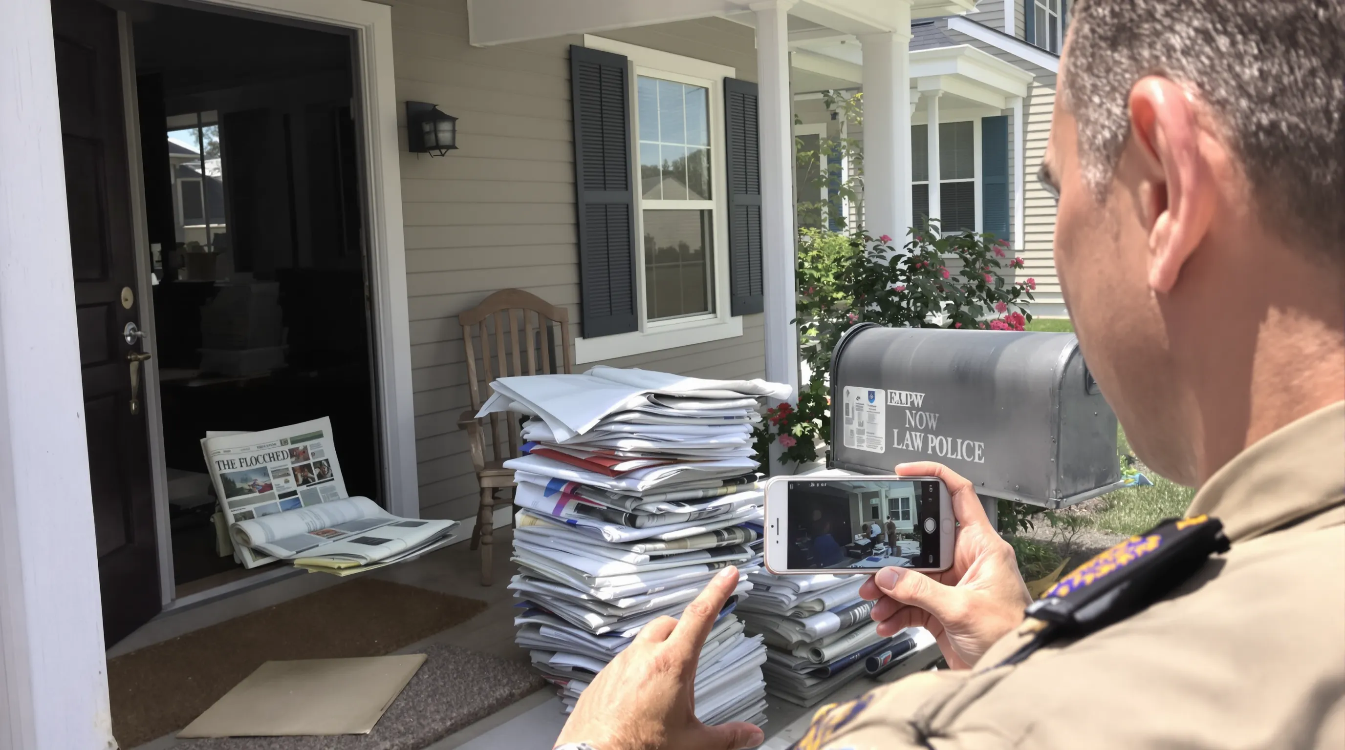 Officer taking smartphone photo of a welfare-check scene: overflowing mailbox, stacked newspapers, and a dark porch light at midday, emphasizing environmental risk cues.