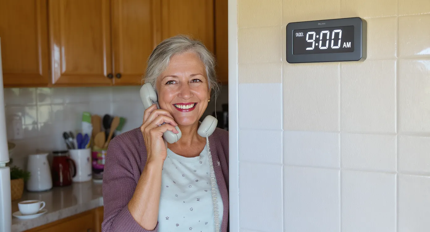 A smiling retired woman answers a landline phone in her kitchen while a digital clock shows 9:00 AM, illustrating a routine daily check-in call.