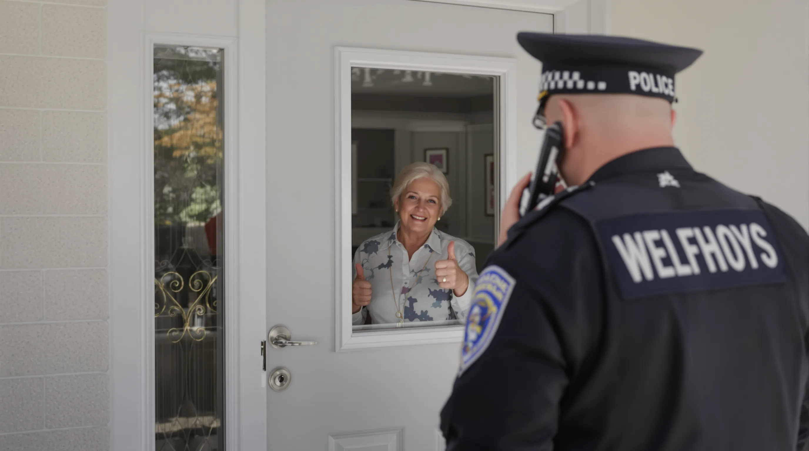 Police officer standing beside an undamaged front door while talking on a radio, a senior inside visible through a window giving a thumbs-up; the scene illustrates successful non-forced welfare check using remote confirmation technology.