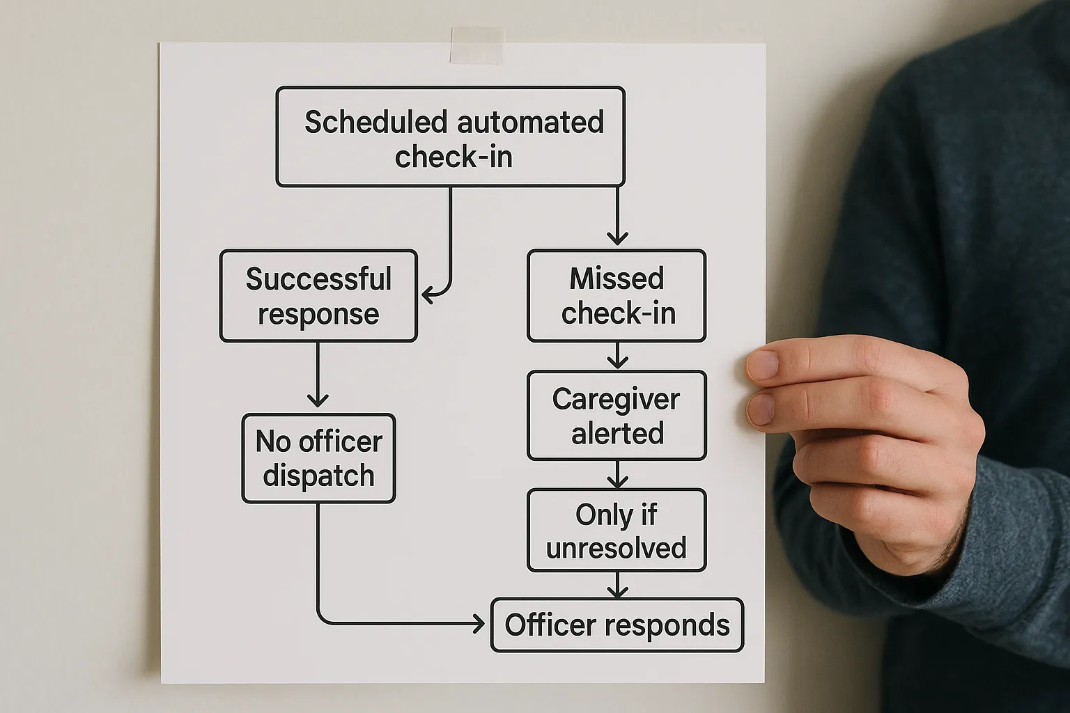 Simple flowchart showing: Scheduled automated check-in ➜ Successful response ➜ No officer dispatch OR Missed check-in ➜ Caregiver alerted ➜ Keyholder access ➜ Only if unresolved ➜ Officer responds.