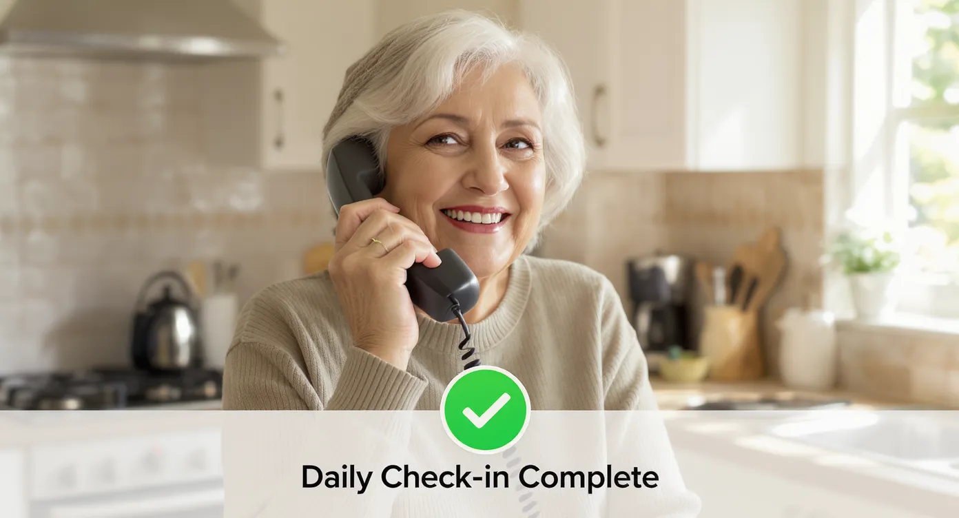 A cheerful older woman answers a landline phone in her kitchen while sunlight streams through the window. A digital overlay shows a green check mark and the words “Daily Check-in Complete” to illustrate successful wellness verification.