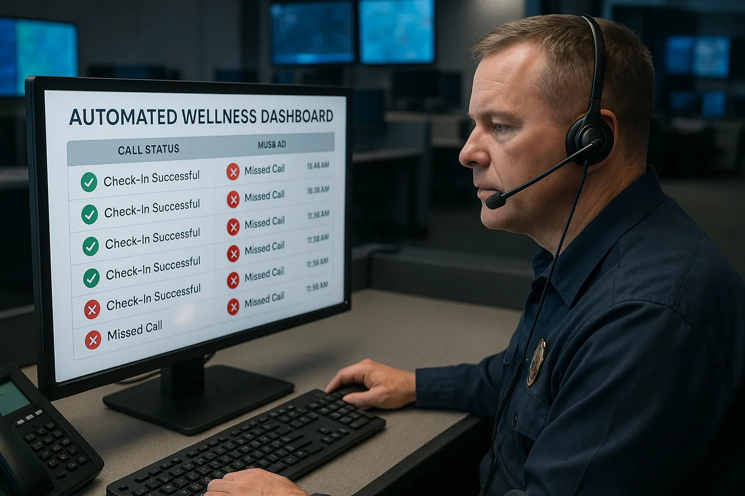 Illustration of a 911 dispatcher reviewing an automated wellness dashboard showing call status indicators—green for successful check-ins, red for missed calls—in a modern operations center.