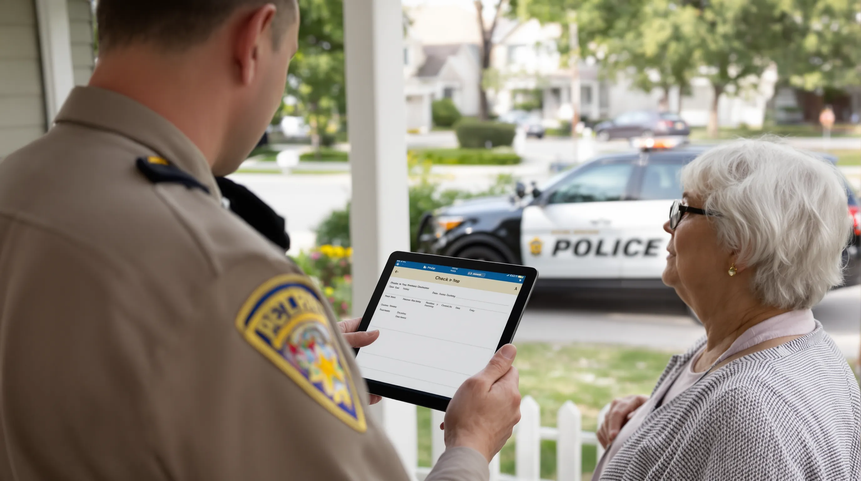 Deputy speaking with an older woman on her front porch while holding a tablet that displays a completed check-in log; a patrol car is parked in the background.