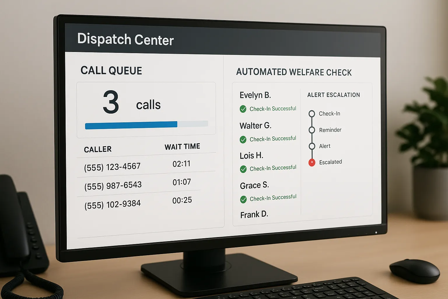 Illustration of a dispatch center dashboard showing reduced call queue alongside an automated welfare check software interface that displays successful senior check-ins and an alert escalation timeline.