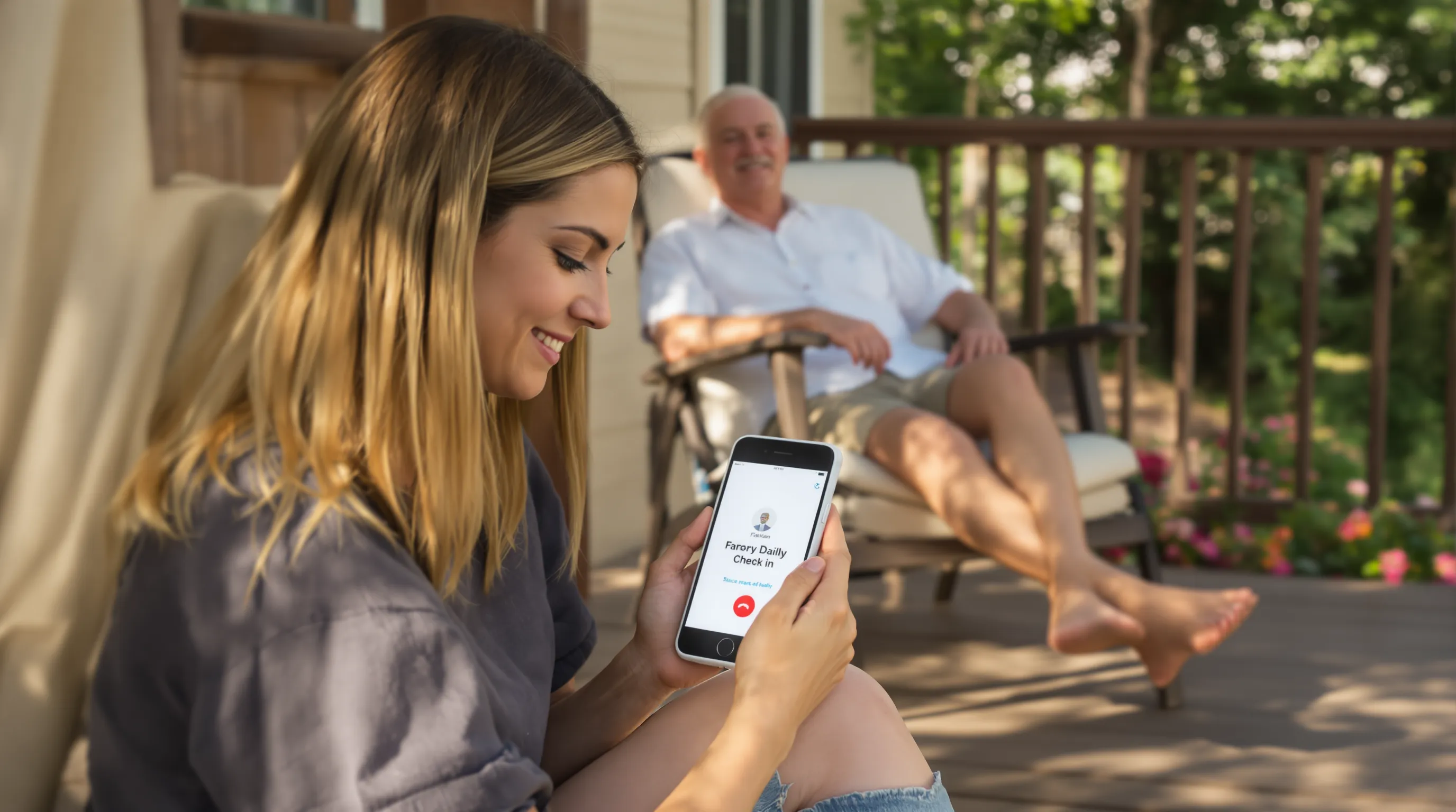 An adult daughter checks a notification on her phone showing that her father successfully completed his daily check-in call while he relaxes on a porch chair in the background, conveying peace of mind and independence.