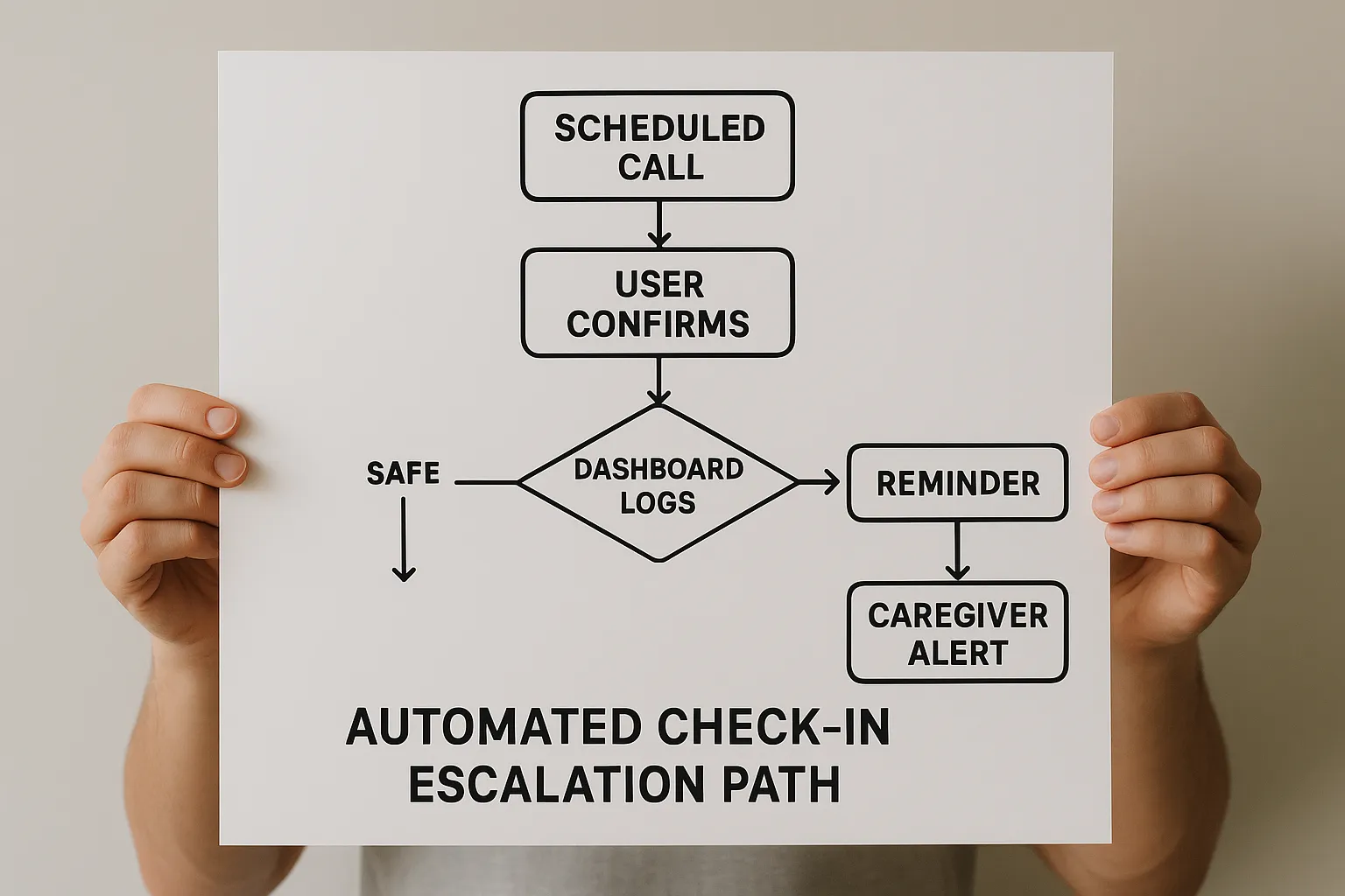 A simple flowchart diagram showing: Scheduled Call ➜ User Confirms ➜ Dashboard Logs Safe OR No Response ➜ Reminder ➜ Caregiver Alert ➜ Emergency Dispatch, illustrating the automated check-in escalation path.