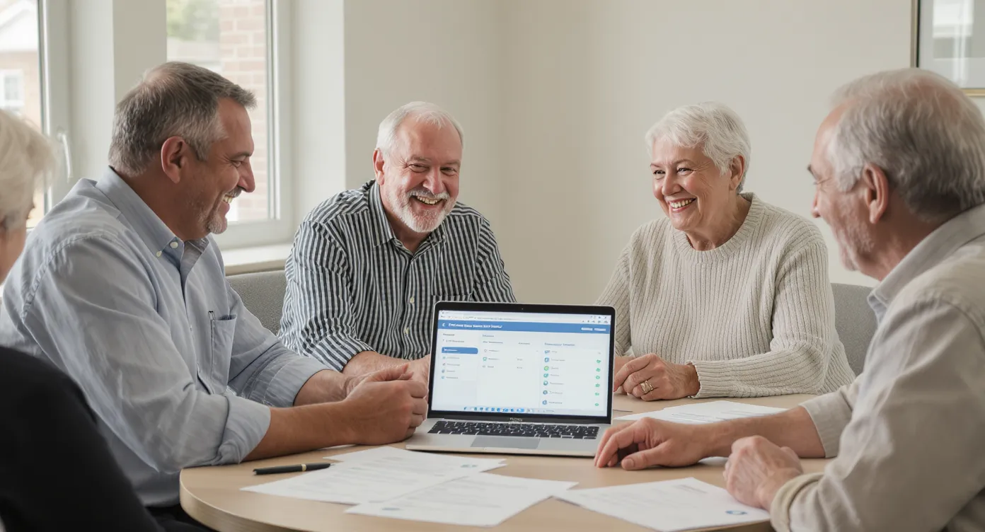 Smiling HOA board members sitting at a round table with printed enrollment forms, helping a senior couple sign up for an automated daily check-in program. A laptop on the table shows a simple dashboard interface with call schedules and contact lists.