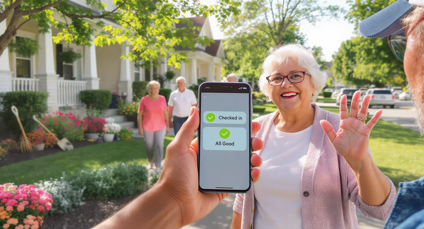 A sunny suburban street with mixed-age neighbors chatting beside manicured lawns. In the foreground, an active senior waves while holding a smartphone displaying 