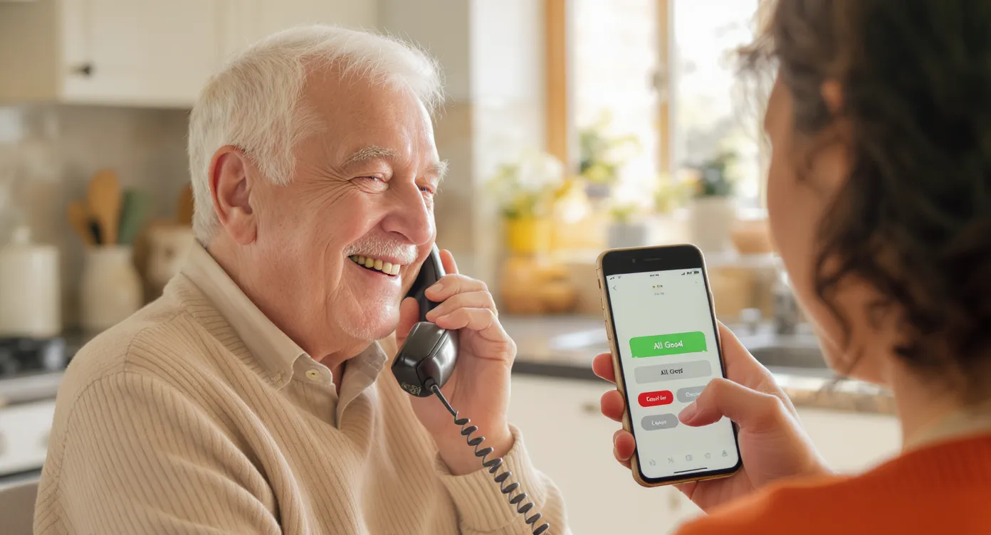 A smiling senior answers a cordless telephone in a sunny kitchen while a caregiver’s smartphone shows a green "All Good" confirmation notification.