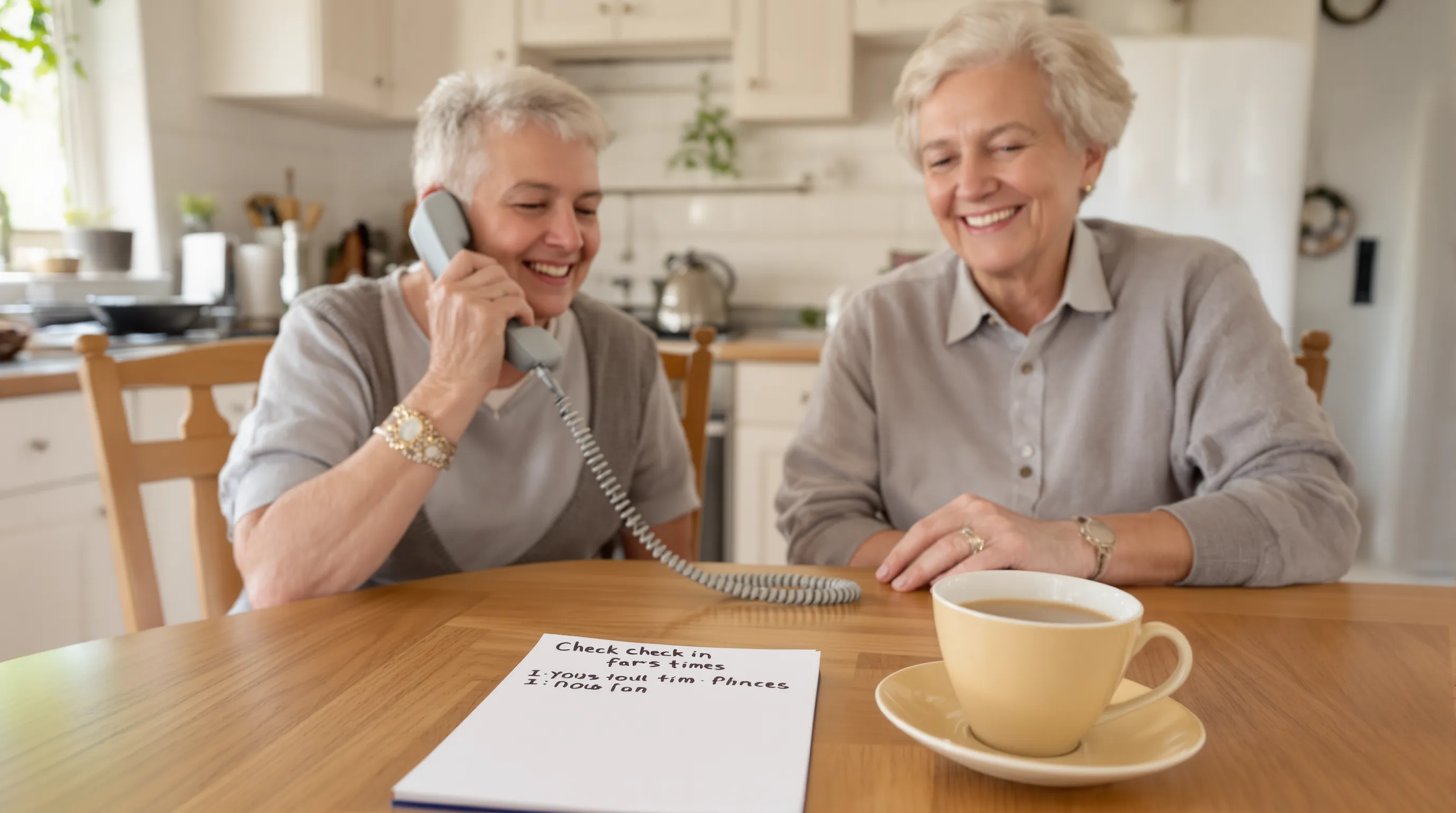 Two smiling seniors sit at a kitchen table, one holding a cordless phone while checking in with another senior over speakerphone. A notepad with check-in times and a cup of tea are on the table, emphasizing a warm peer-to-peer support environment.