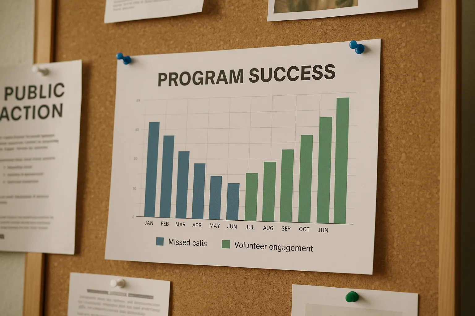 A simple bar chart on a community center bulletin board shows decreasing missed calls and increasing volunteer engagement over six months, illustrating program success.