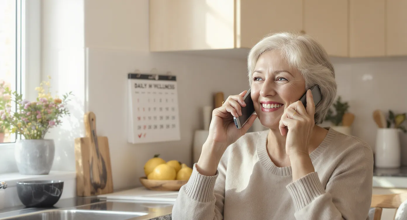 A smiling older woman sits in a sunlit kitchen holding a cordless phone to her ear, while a calendar with a check mark is visible on the wall behind her, illustrating a successful daily wellness call.