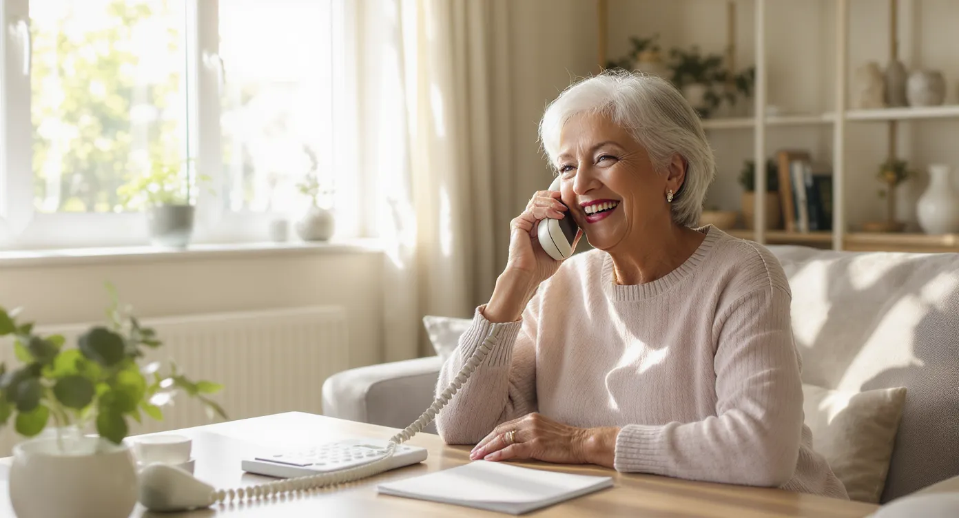 A cheerful senior woman answers a phone call in her tidy living room while sunlight streams through the window. A small notepad and pill organizer sit on the coffee table, illustrating routine daily check-ins and medication management.